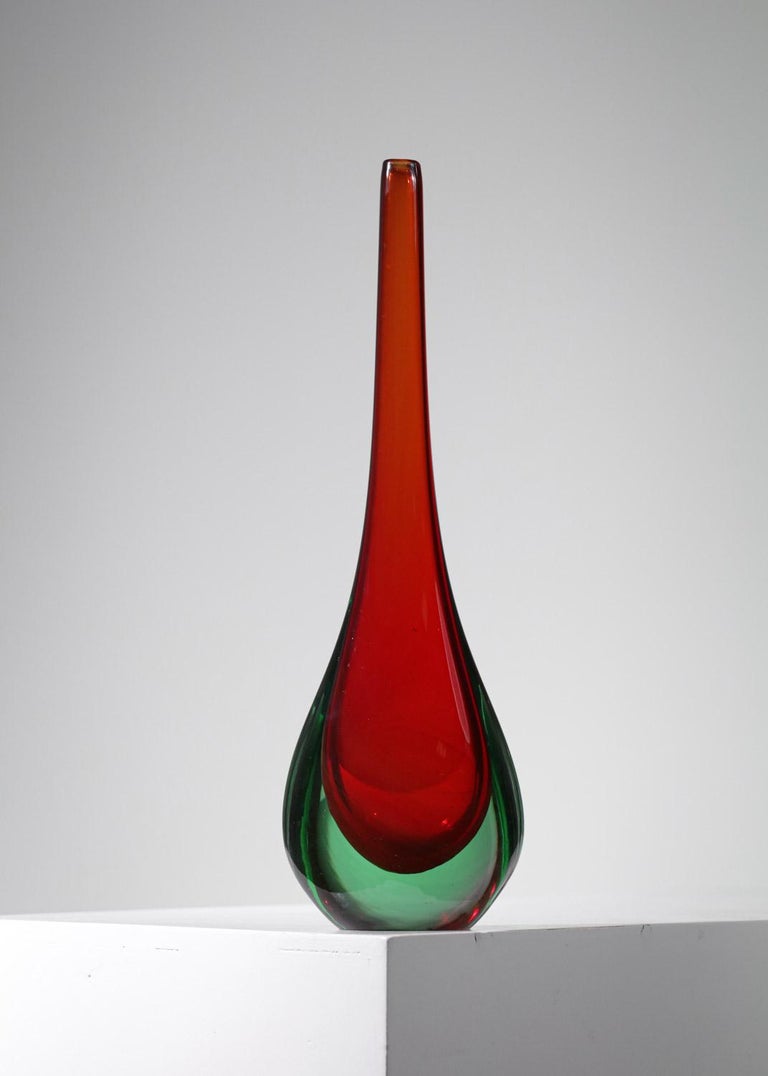 French Italian vase in red glass Murano 60s For Sale