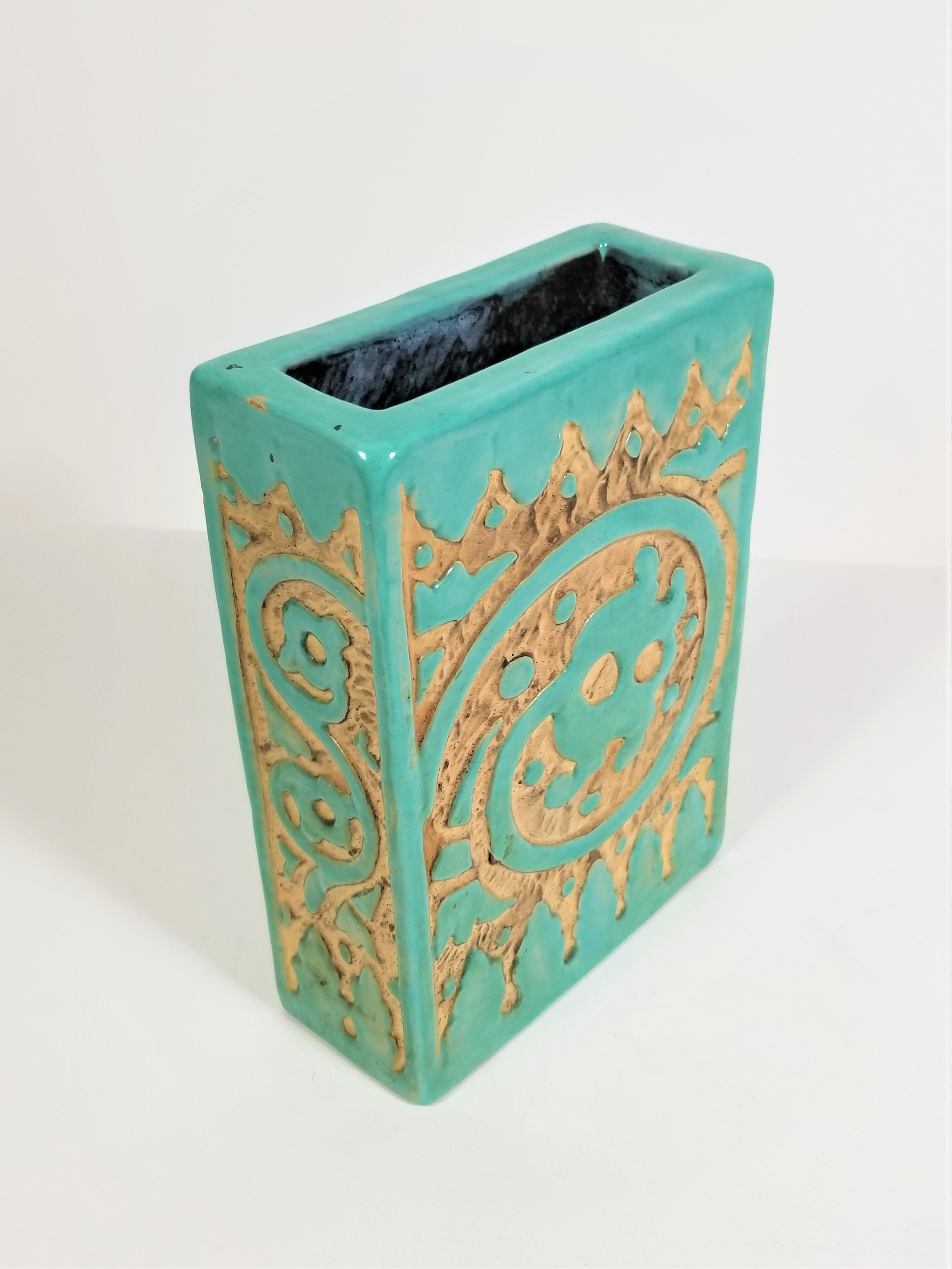 XX secolo Vaso italiano firmato Ceramica astratta del Medioevo in ceramica smaltata turchese