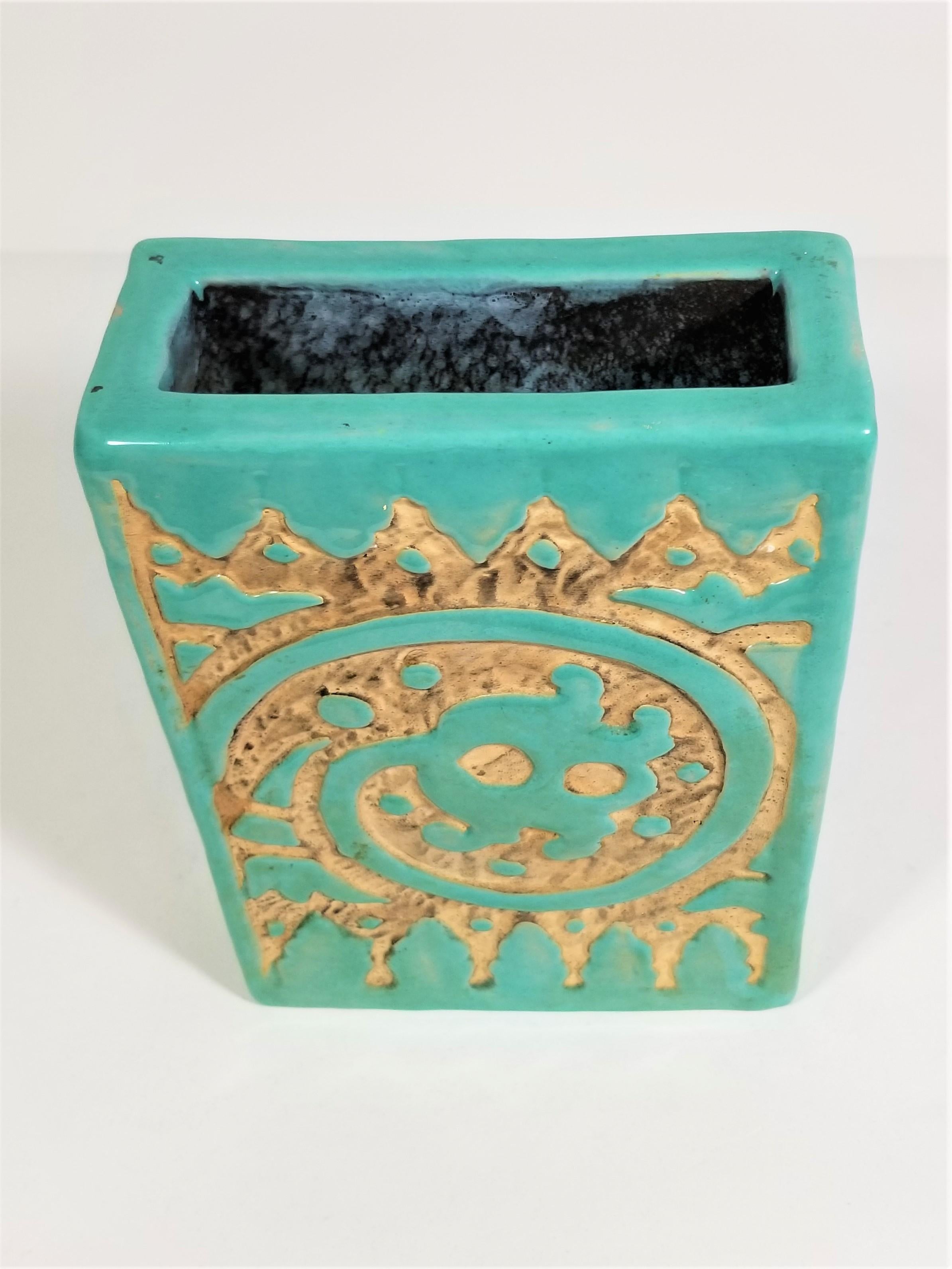 Vaso italiano firmato Ceramica astratta del Medioevo in ceramica smaltata turchese 1