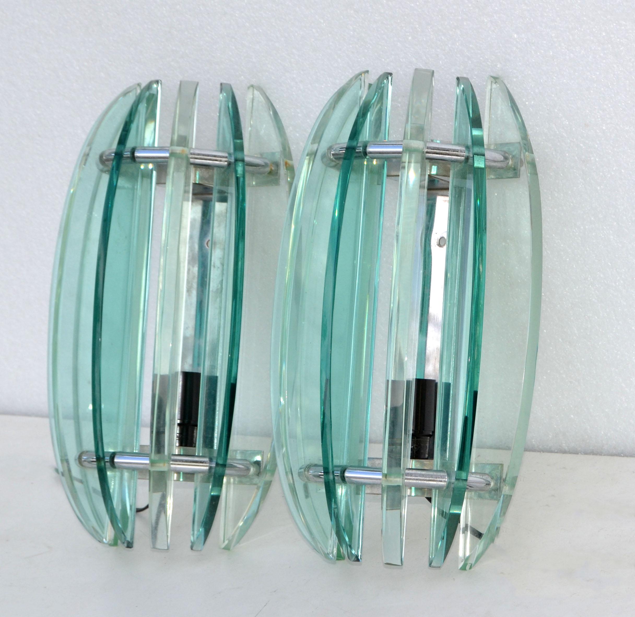 Polished Italian VECA Clear & Green Glass Wall Sconces Mid-Century Modern 1970, Pair