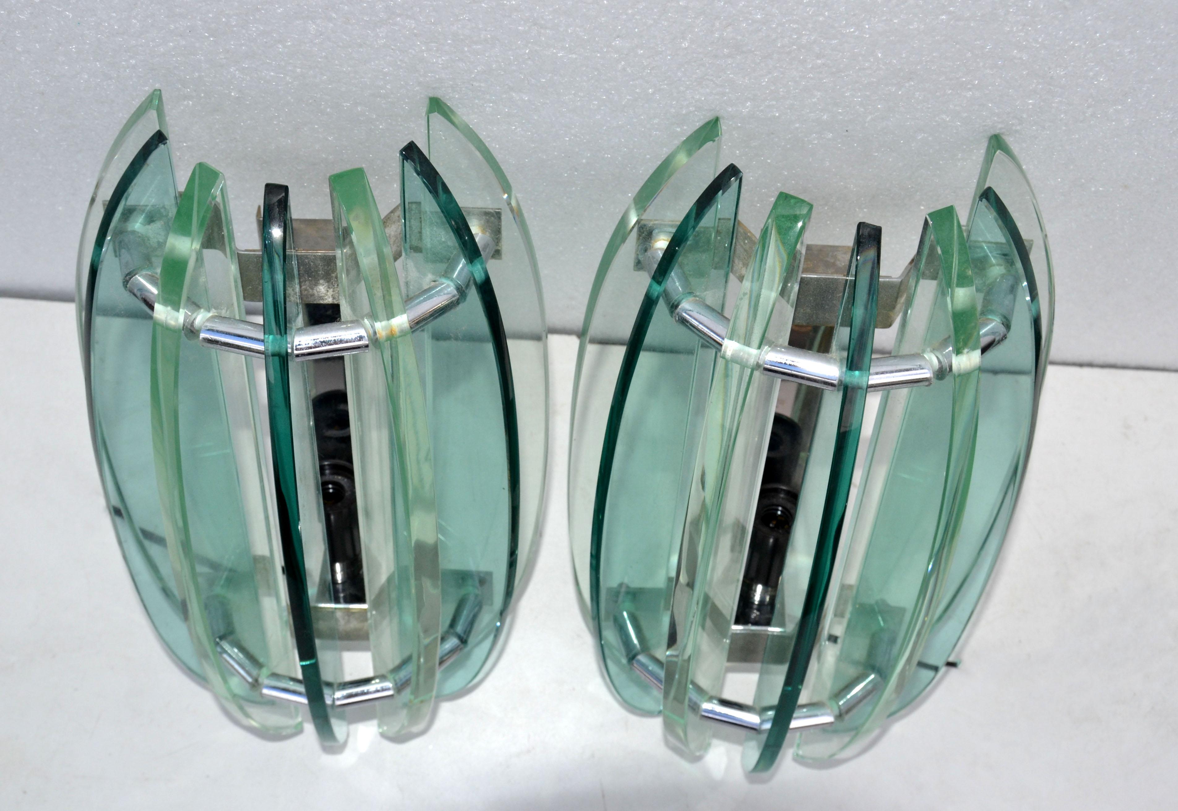 Italian VECA Clear & Green Glass Wall Sconces Mid-Century Modern 1970, Pair 4