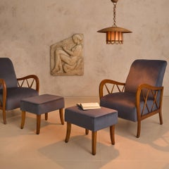 Italian Velvet Lounge Chair with Ottoman in the Manner of Paolo Buffa, 1950s