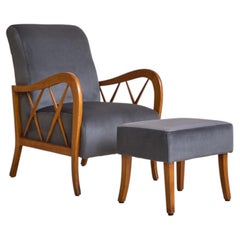 Italian Velvet Lounge Chair with Ottoman in the Manner of Paolo Buffa, 1950s
