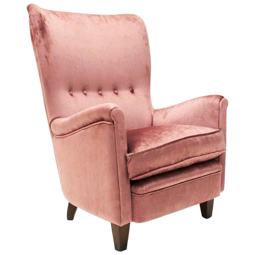 Italian Velvet Pink Armchair, 1950s For Sale