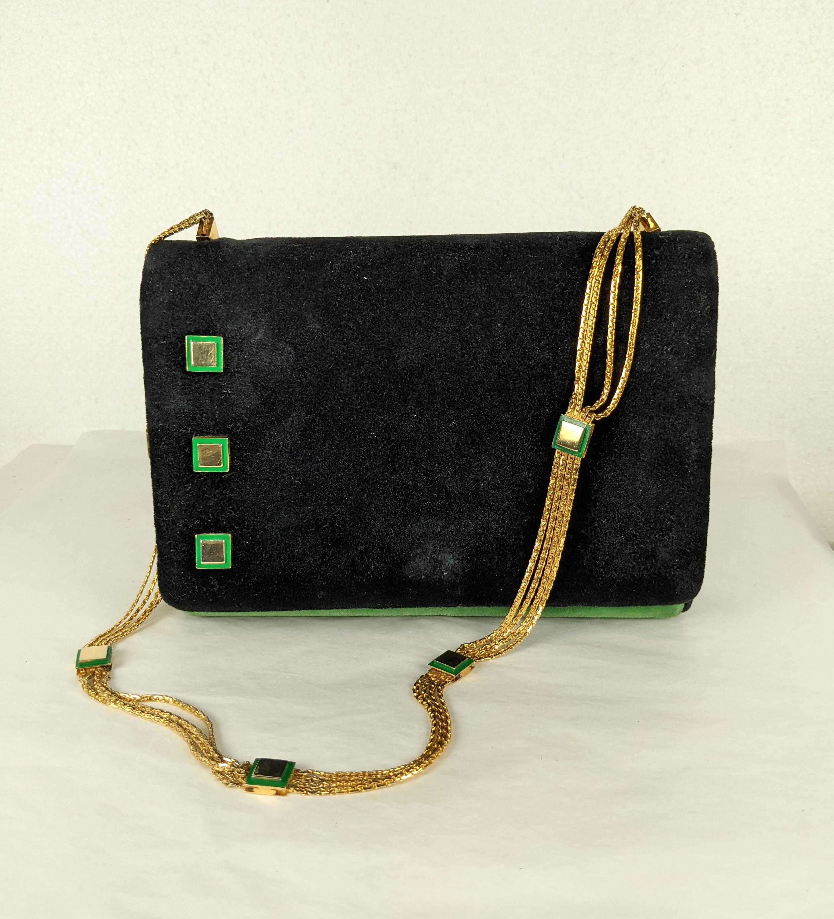 Charming Italian Velvet Purse with Enamel Accents from the 1960's. Black and Nile Green velvet 2 toned purse with 4 chain link strap with enamel stations. These stations also decorate the flap of the purse as well. Black faille lining. Mangiameli