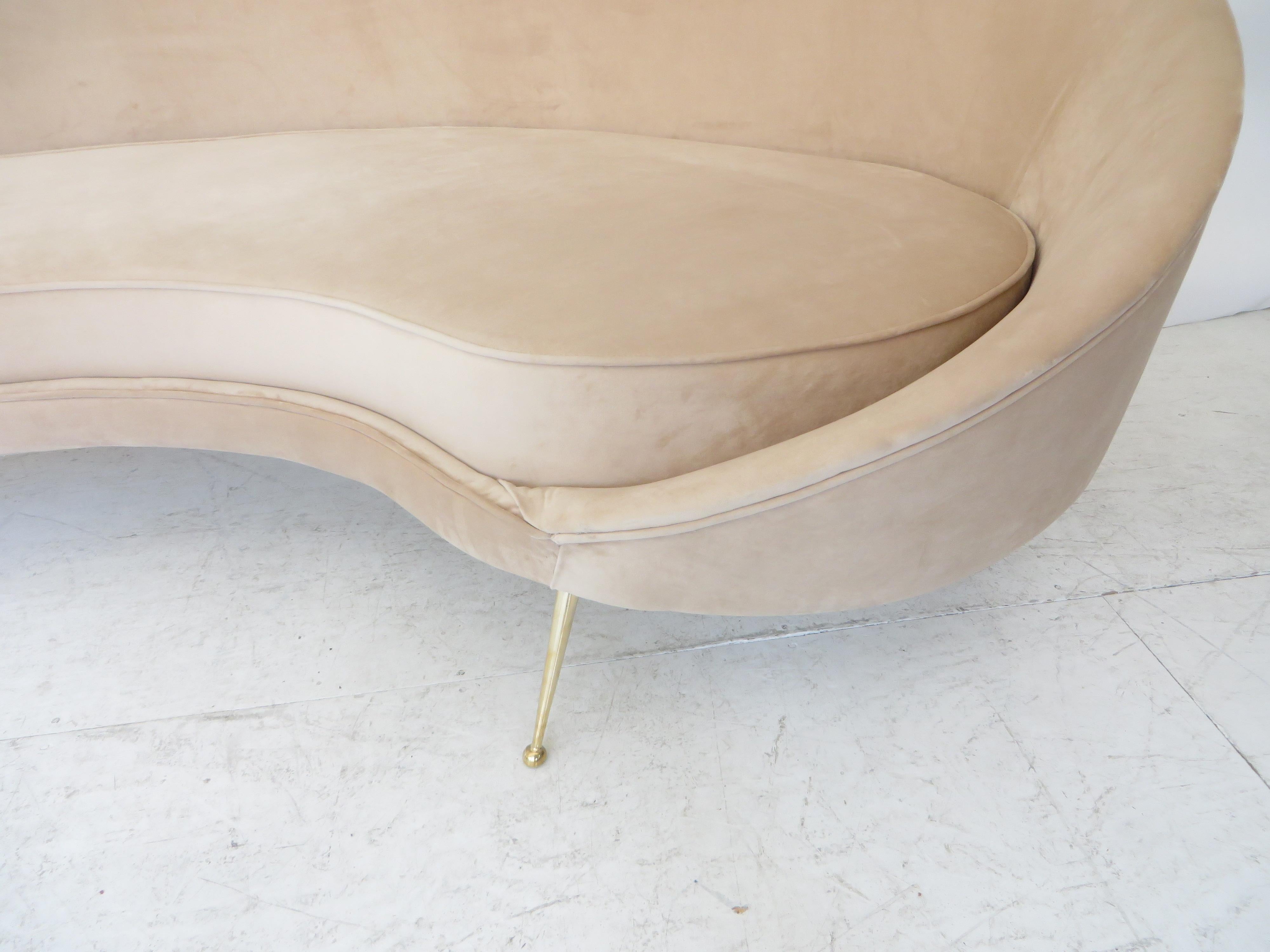 Federico Munari StyIe Italian Velvet Upholstered Curved Sofa with Brass Legs 4