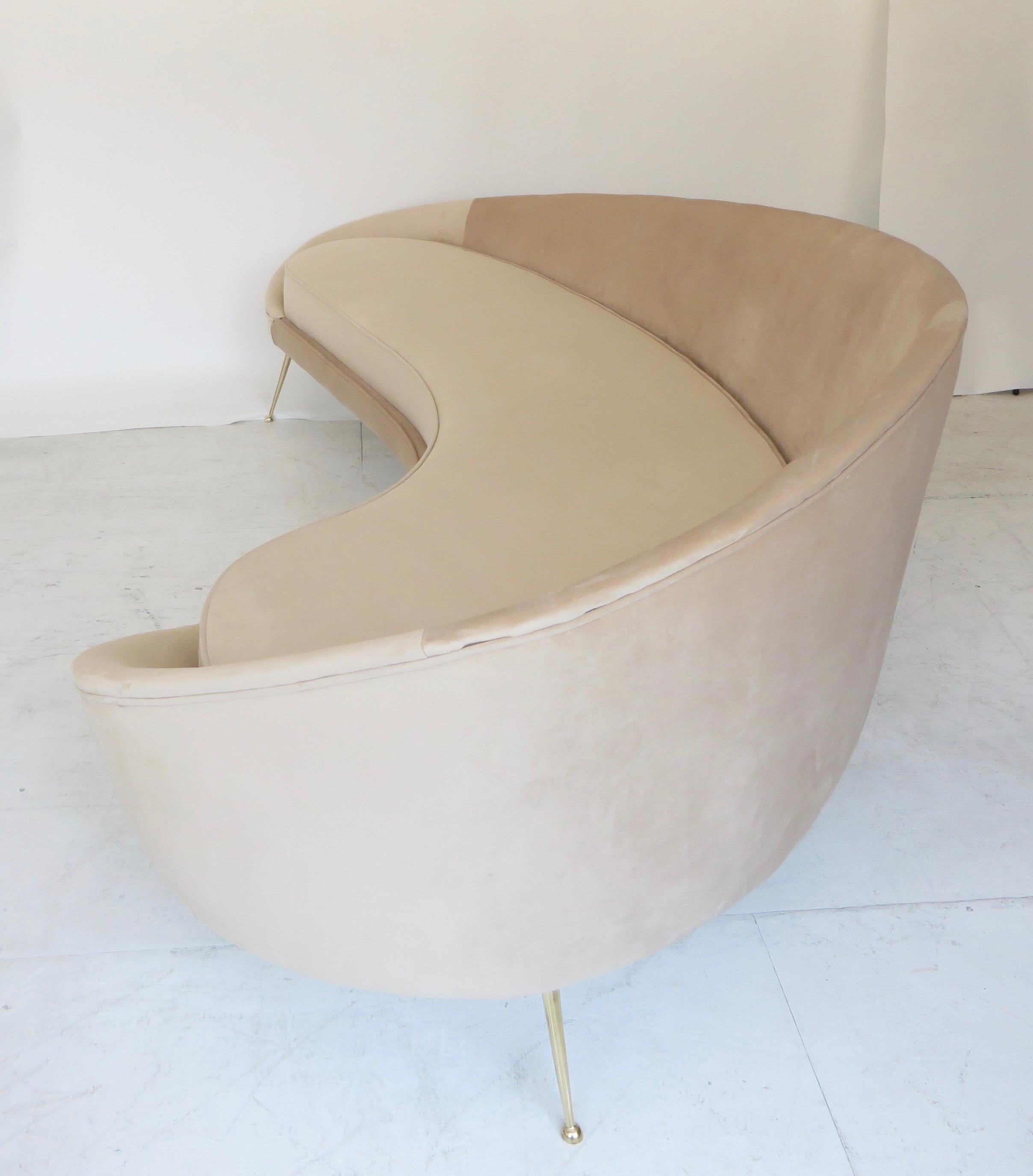 Mid-Century Modern Federico Munari StyIe Italian Velvet Upholstered Curved Sofa with Brass Legs