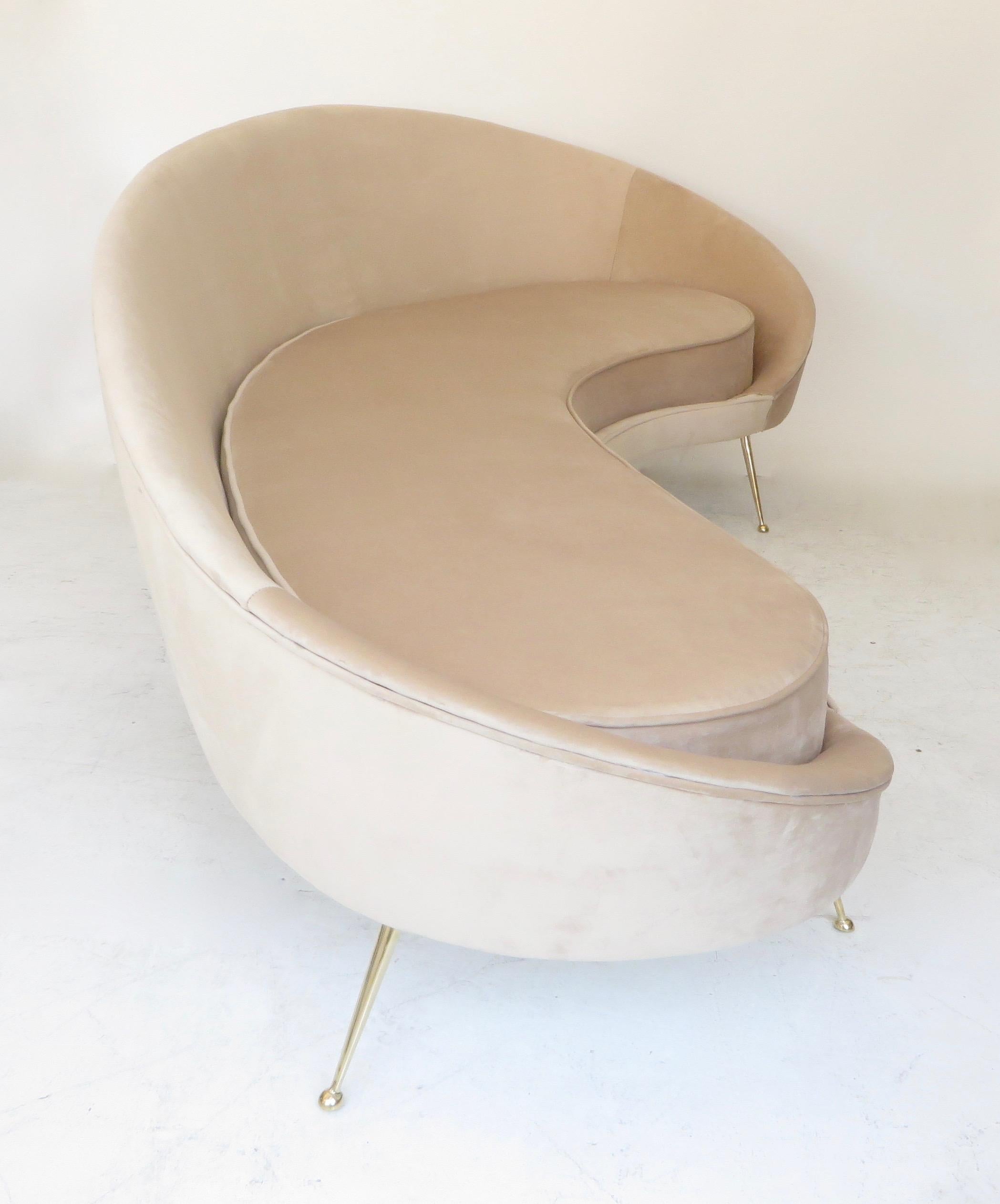 Federico Munari StyIe Italian Velvet Upholstered Curved Sofa with Brass Legs 2