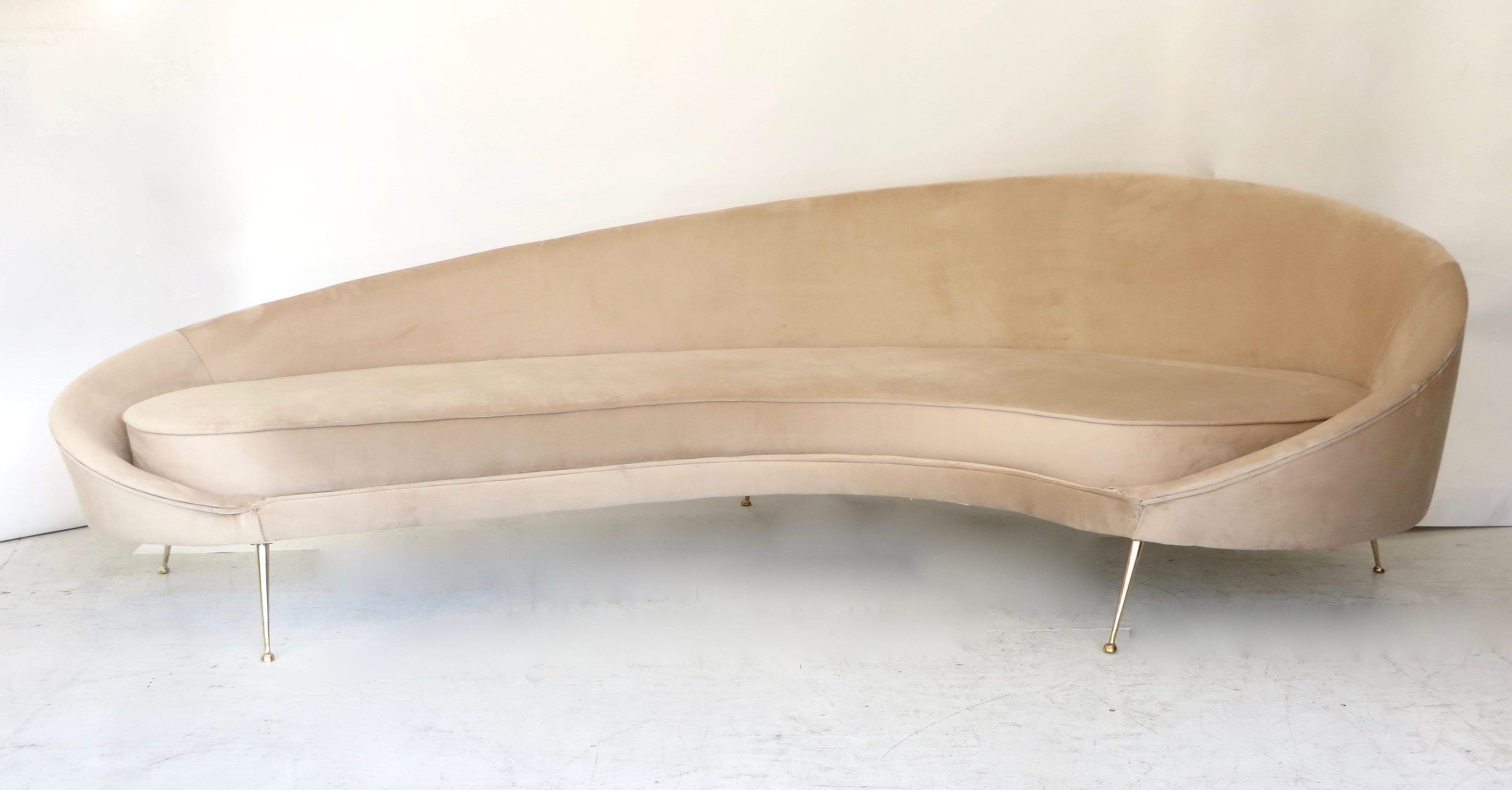 Federico Munari StyIe Italian Velvet Upholstered Curved Sofa with Brass Legs 3