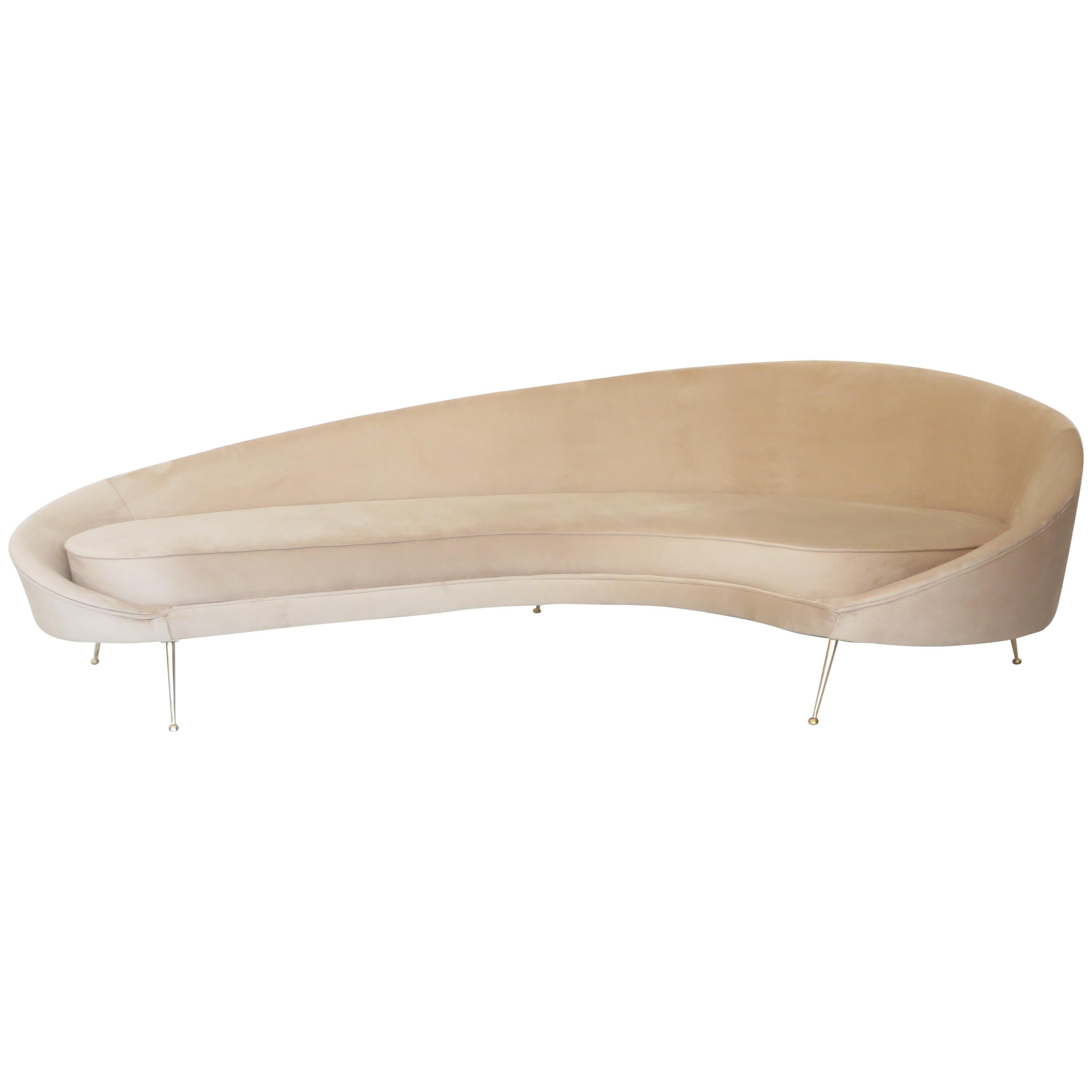 Federico Munari StyIe Italian Velvet Upholstered Curved Sofa with Brass Legs