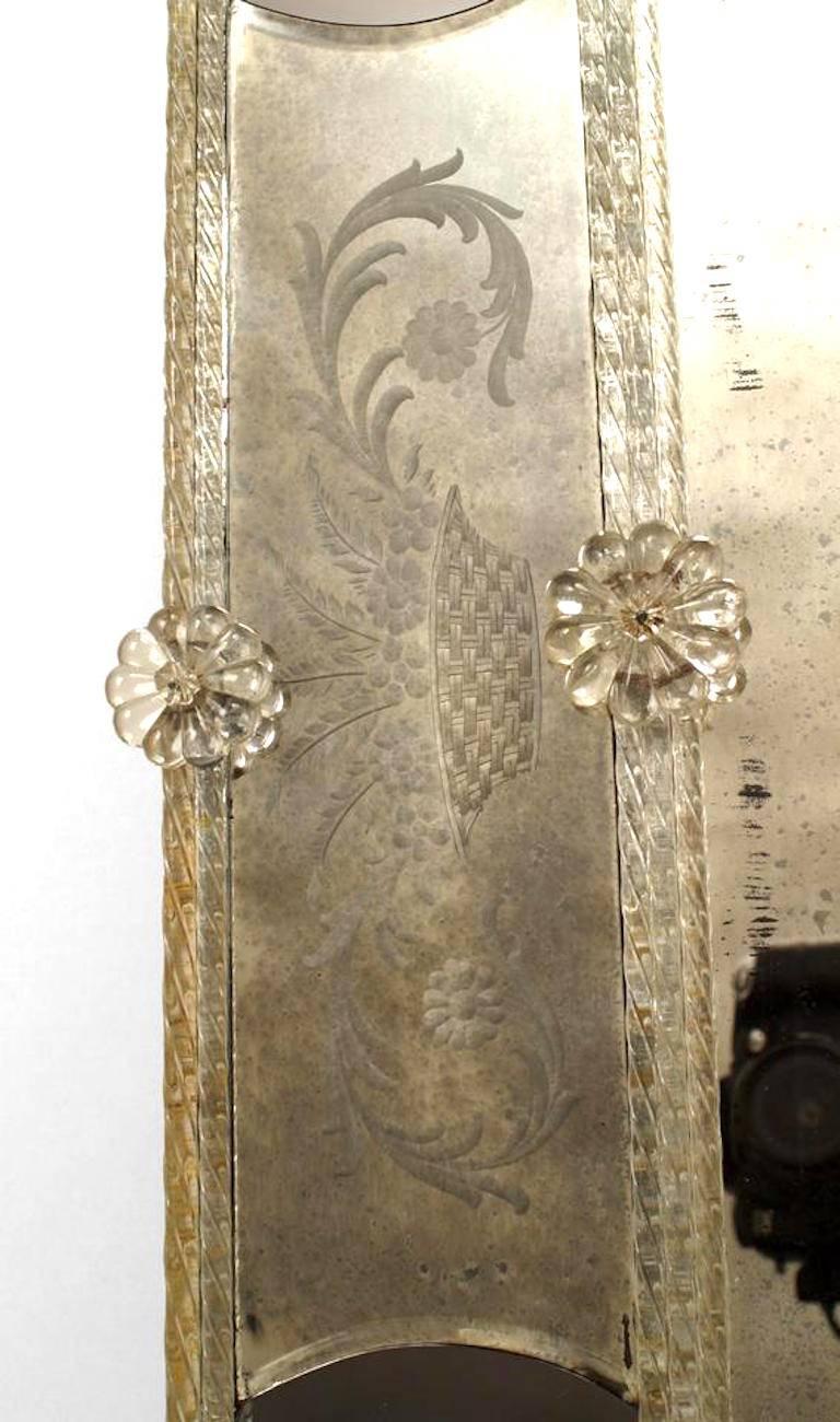 Italian Venetian Murano (1930s) rectangular dark glass mirror with applied glass spindles, flowers, and panels with etched basket with flowers and scroll design.
