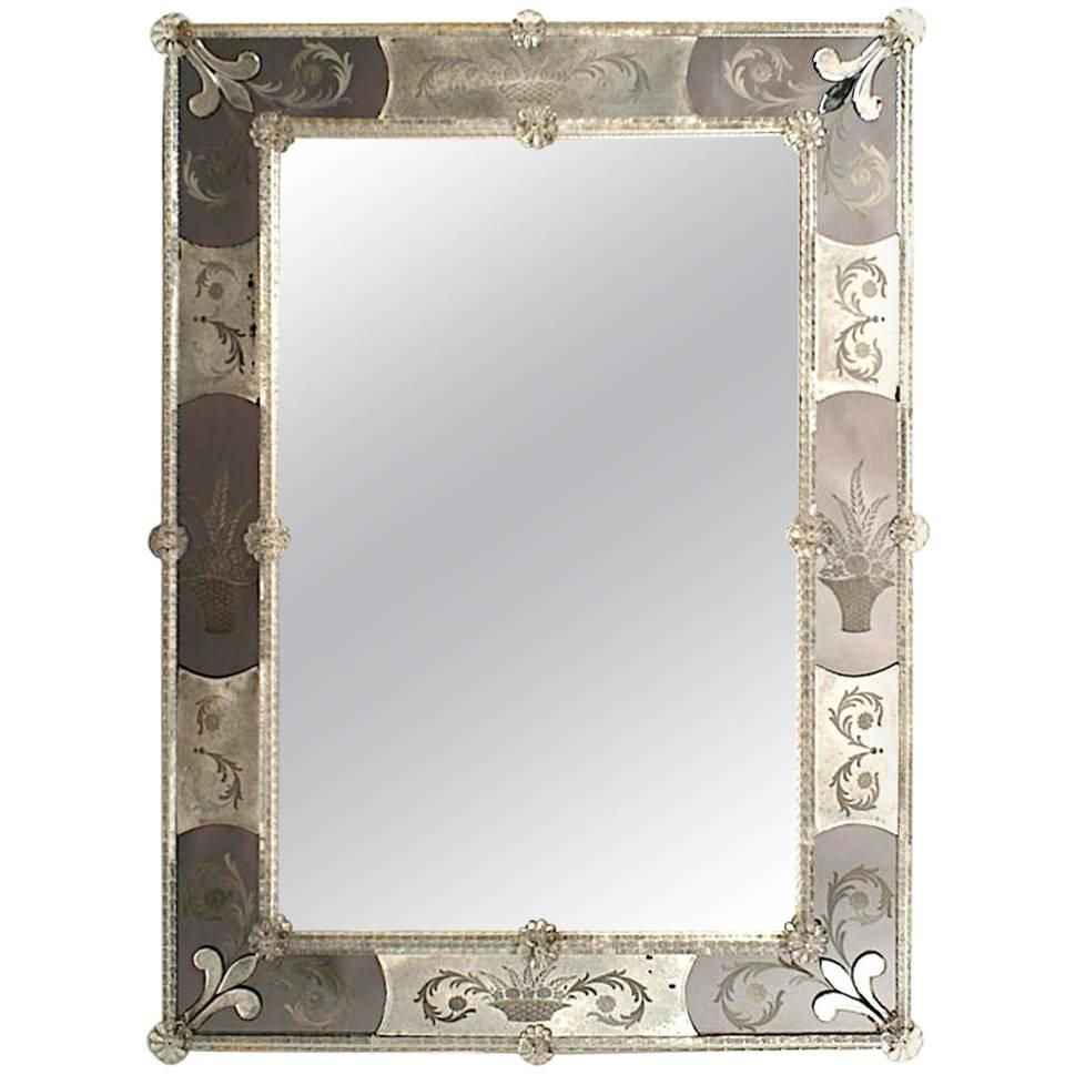 Italian Venetian Murano Etched Floral Design Glass Wall Mirror