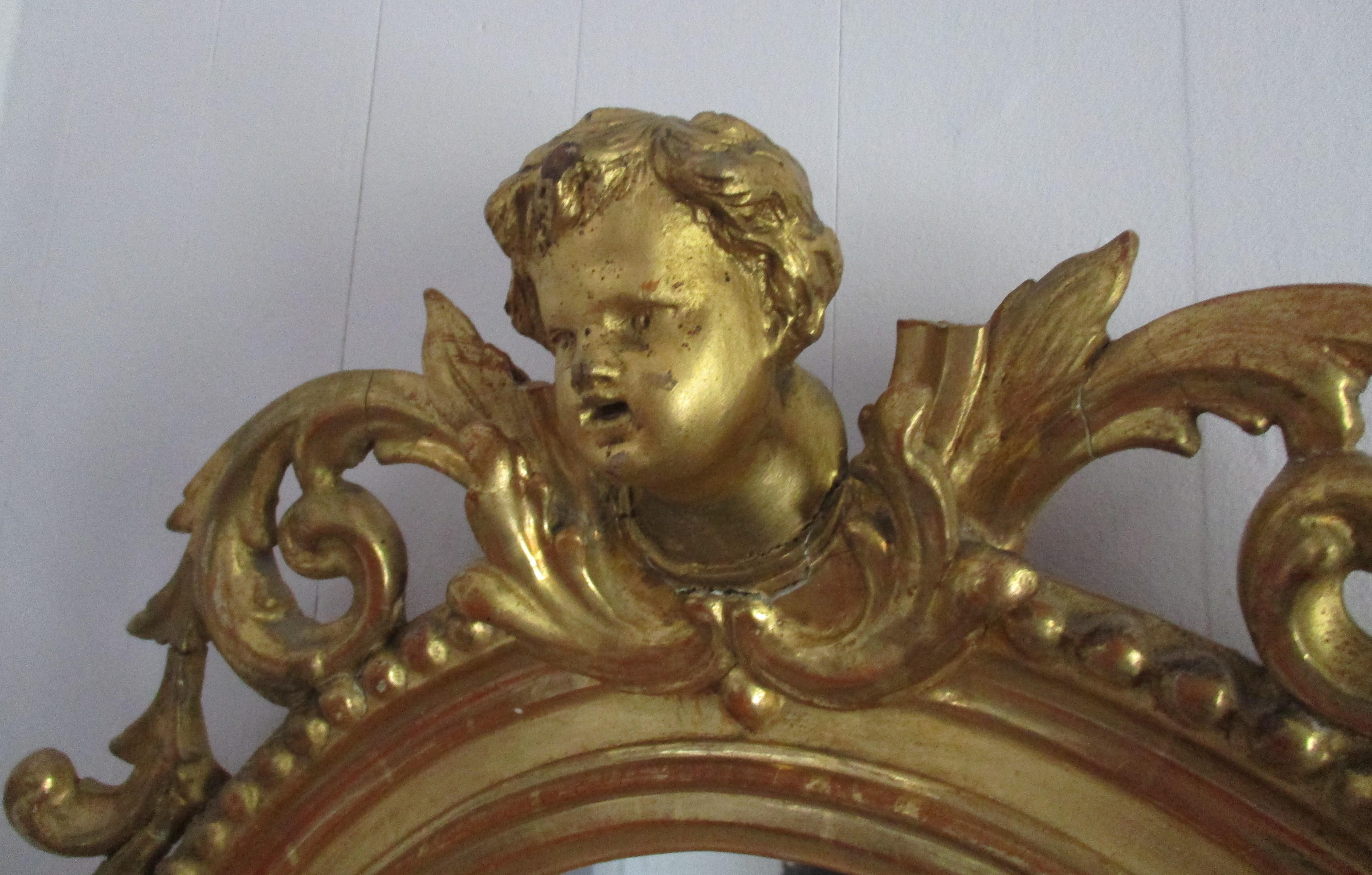 Louis XV Italian, Venetian 19th Century Gold Leaf Oval Cherub Mirror