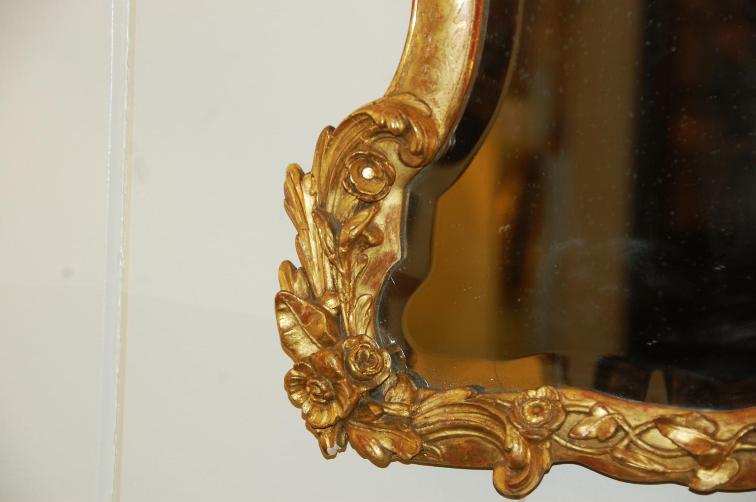 Rococo Revival Italian Venetian 19th Century Waisted Gold Mirror Carved and Gesso Decoraton