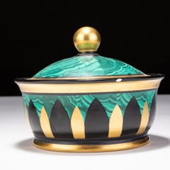 Italian Venetian 24KT Gold Inlaid Porcelain & Malachite Lidded Bonboniere Bowl