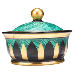 Italian Venetian 24KT Gold Inlaid Porcelain & Malachite Lidded Bonboniere Bowl