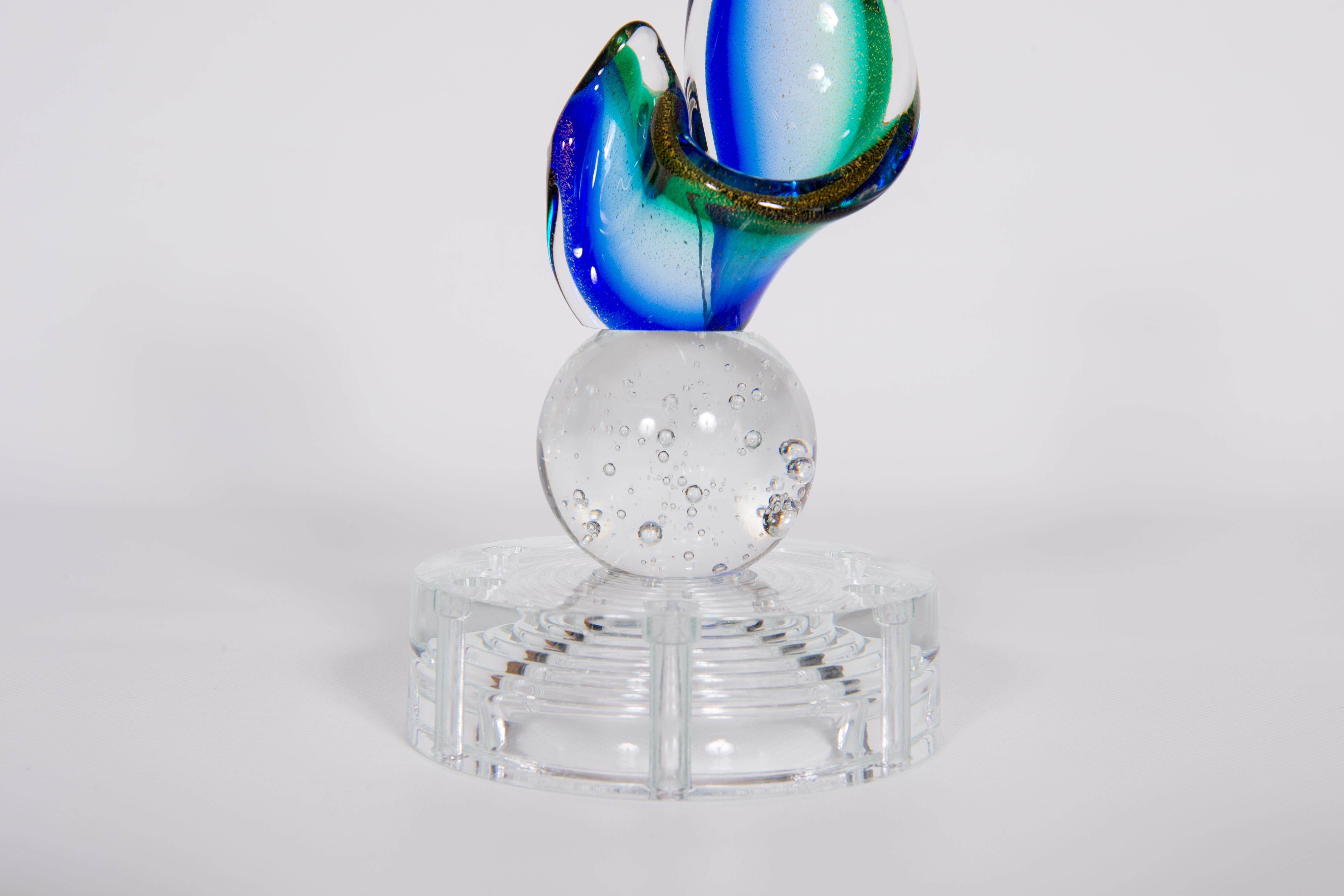 Art Deco Venetian Abstract Sculpture in Blown Murano Glass Green and Blue 1990s Italy For Sale