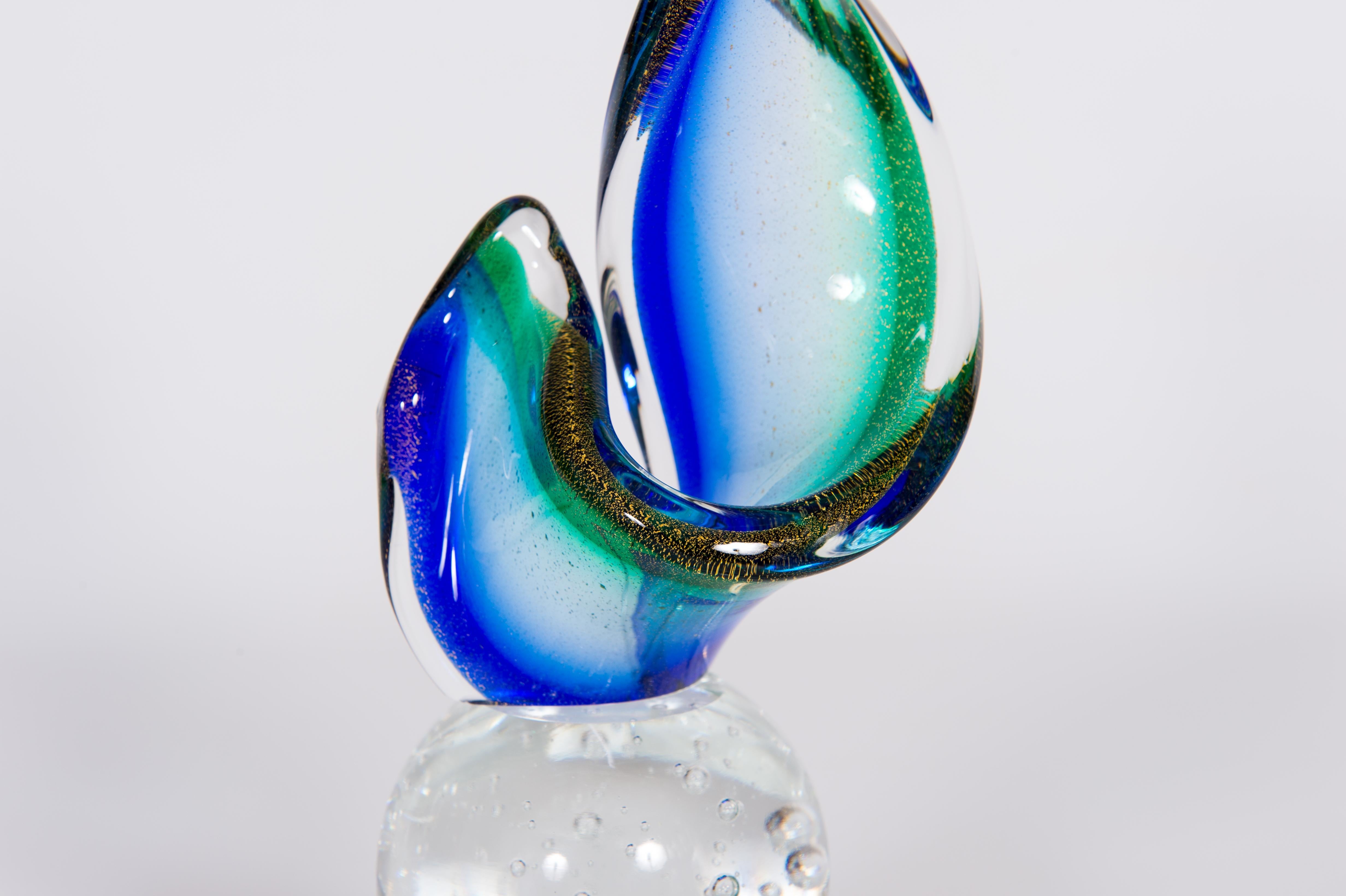 Italian Venetian Abstract Sculpture in Blown Murano Glass Green and Blue 1990s Italy For Sale