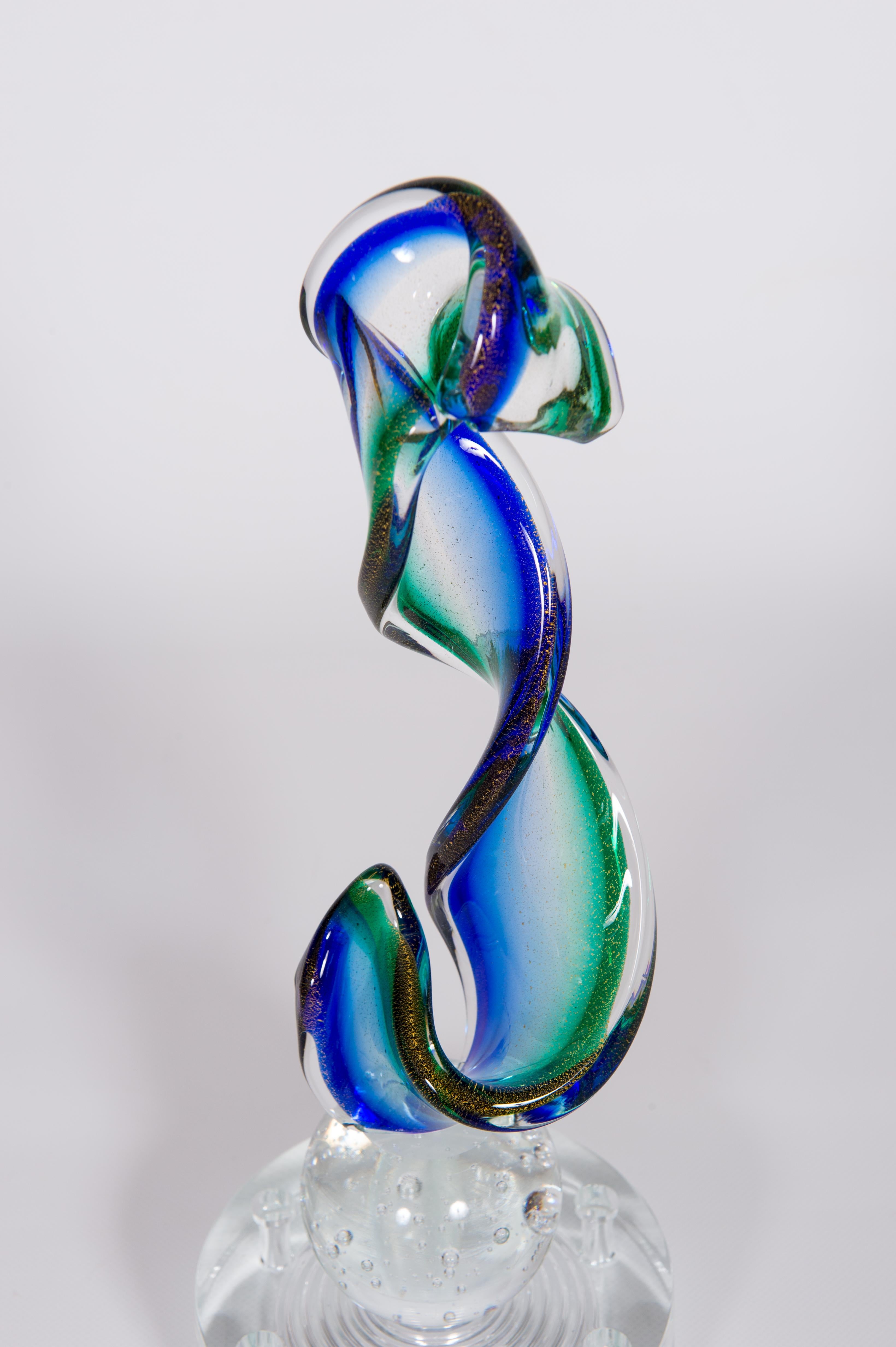 Venetian Abstract Sculpture in Blown Murano Glass Green and Blue 1990s Italy In Excellent Condition For Sale In Villaverla, IT