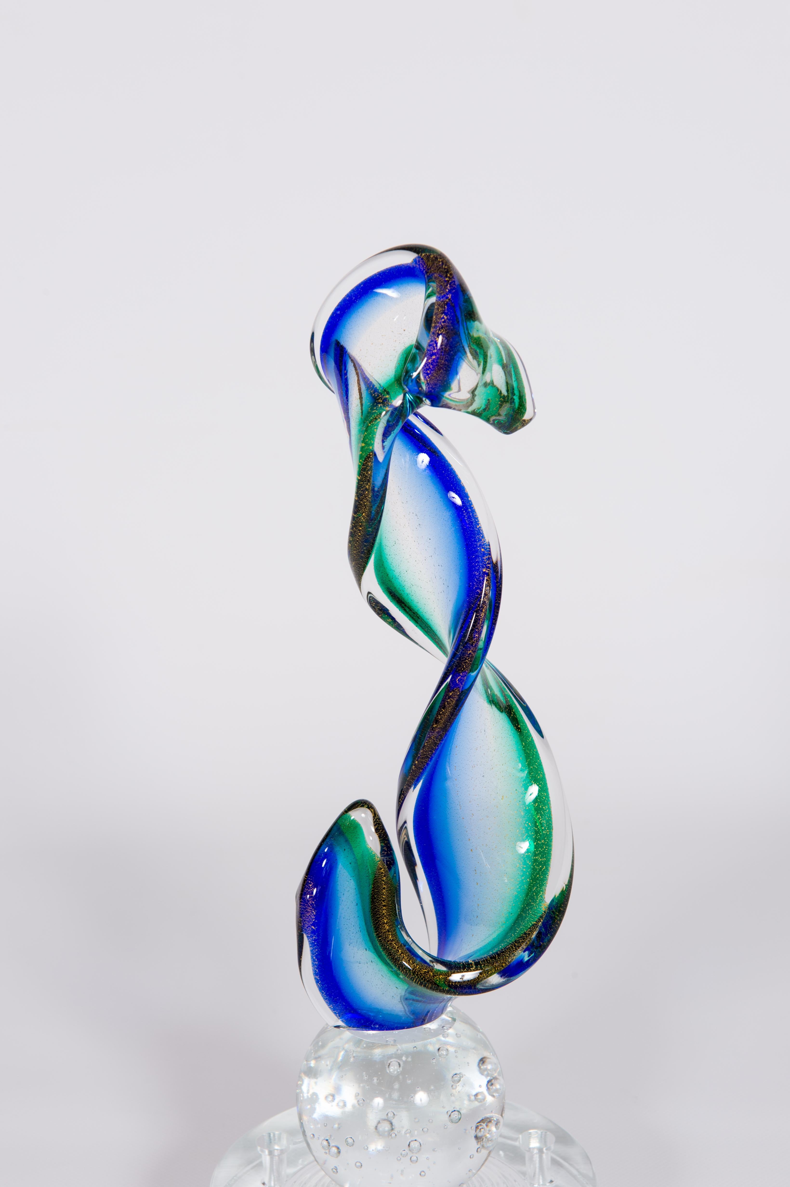 Late 20th Century Venetian Abstract Sculpture in Blown Murano Glass Green and Blue 1990s Italy For Sale