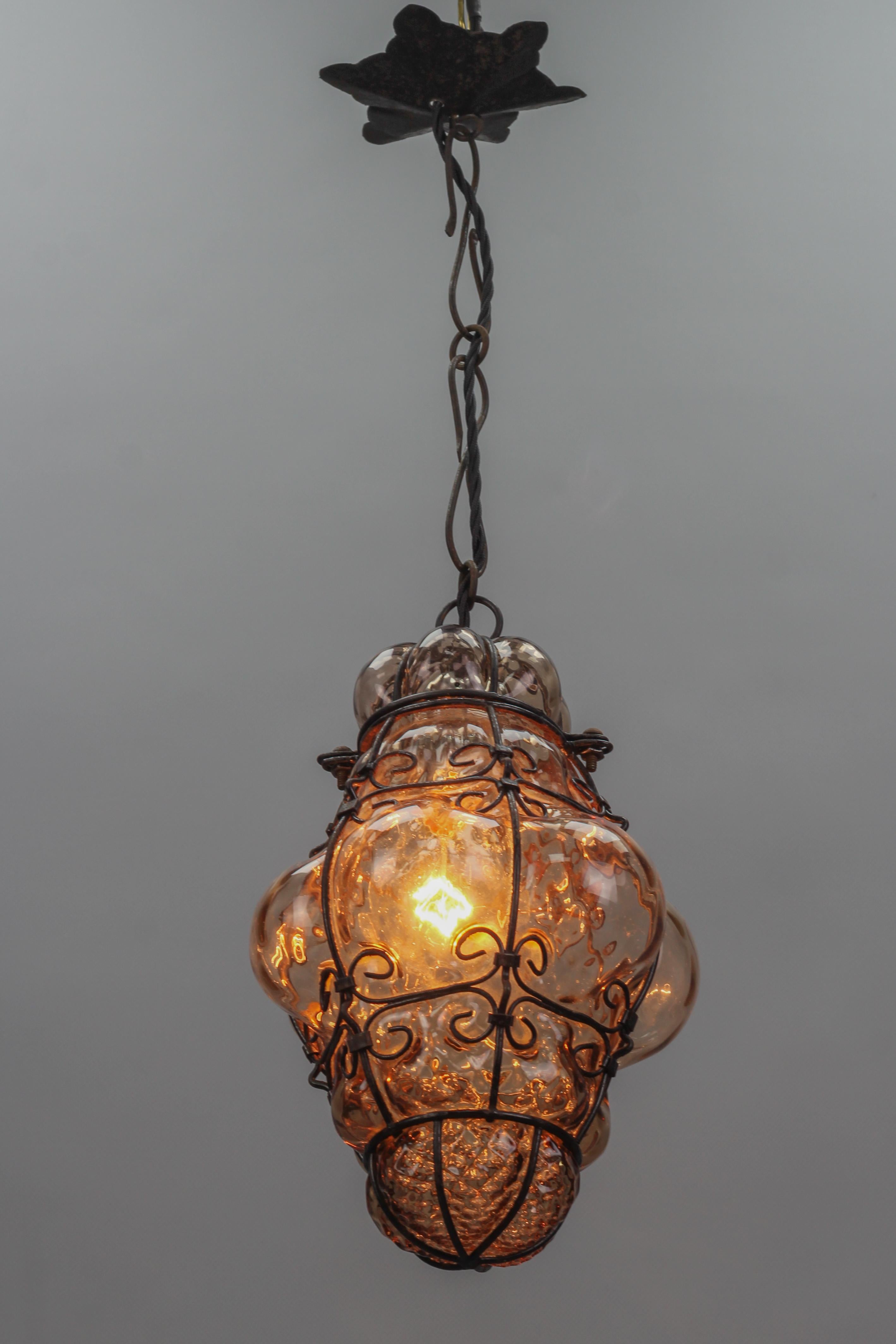 Mid-Century Modern Italian Venetian Amber Smoke Coloured Clear Murano Glass Caged Lantern For Sale