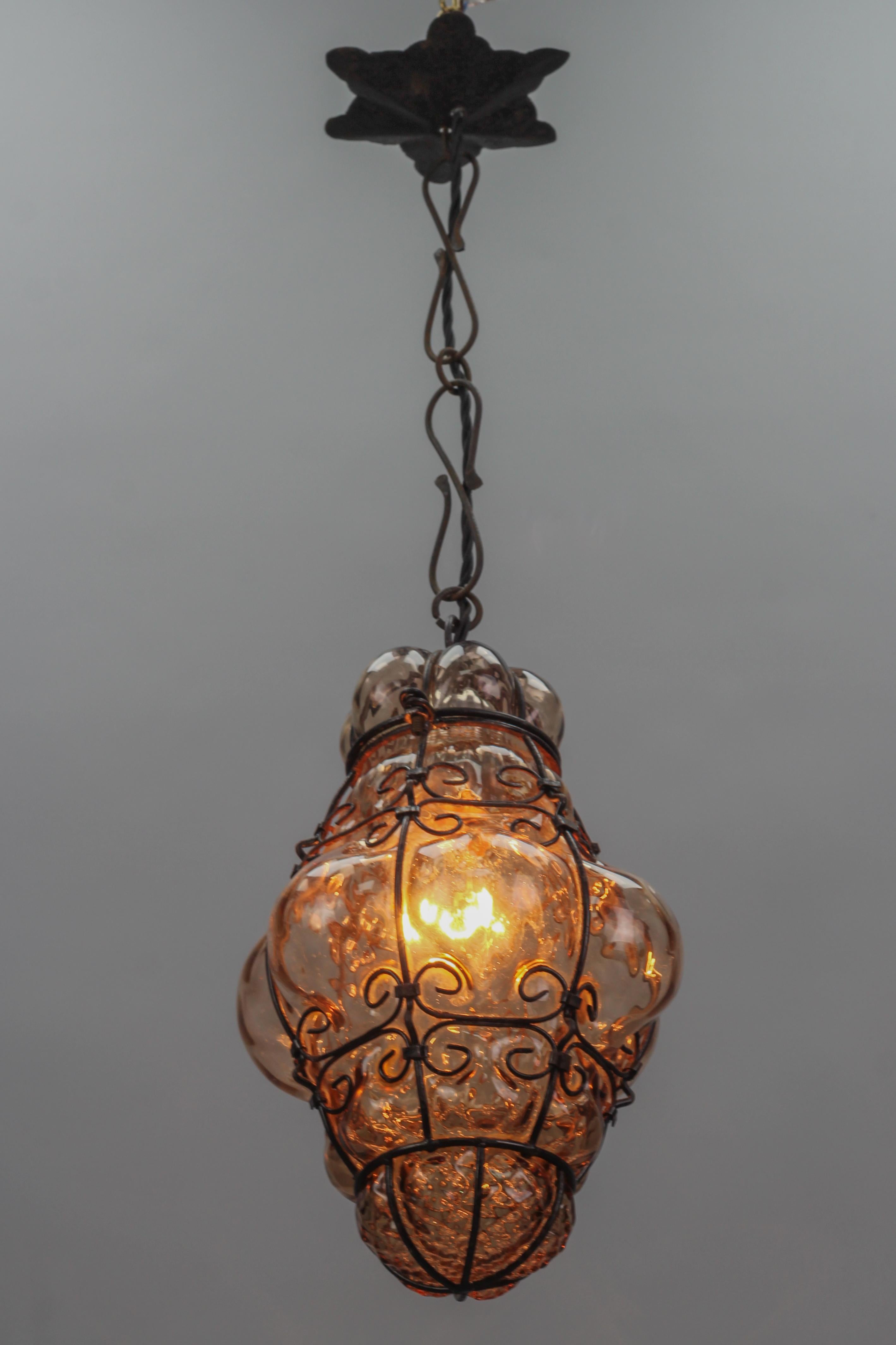 Italian Venetian Amber Smoke Coloured Clear Murano Glass Caged Lantern In Good Condition For Sale In Barntrup, DE
