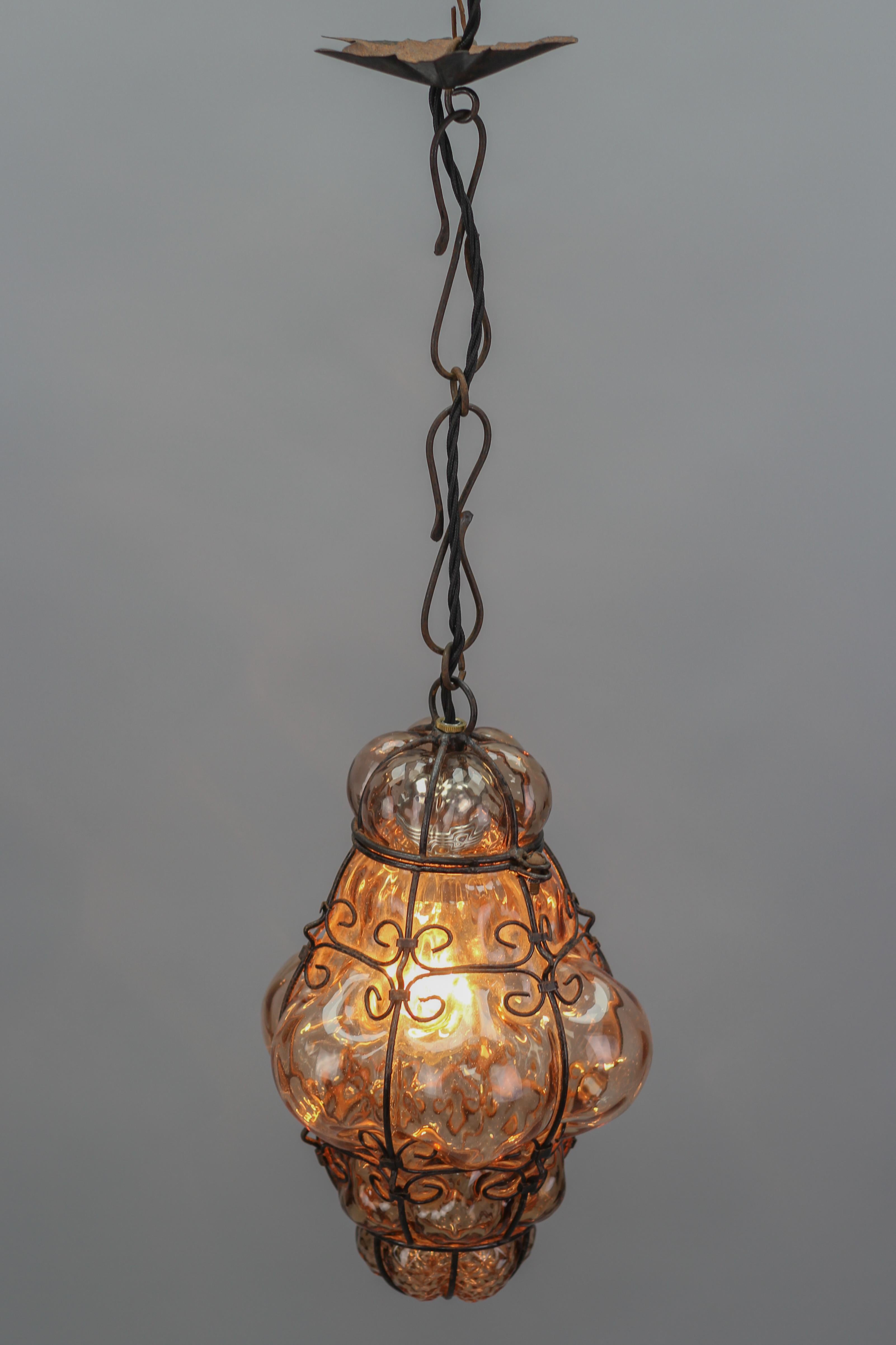 Mid-20th Century Italian Venetian Amber Smoke Coloured Clear Murano Glass Caged Lantern For Sale