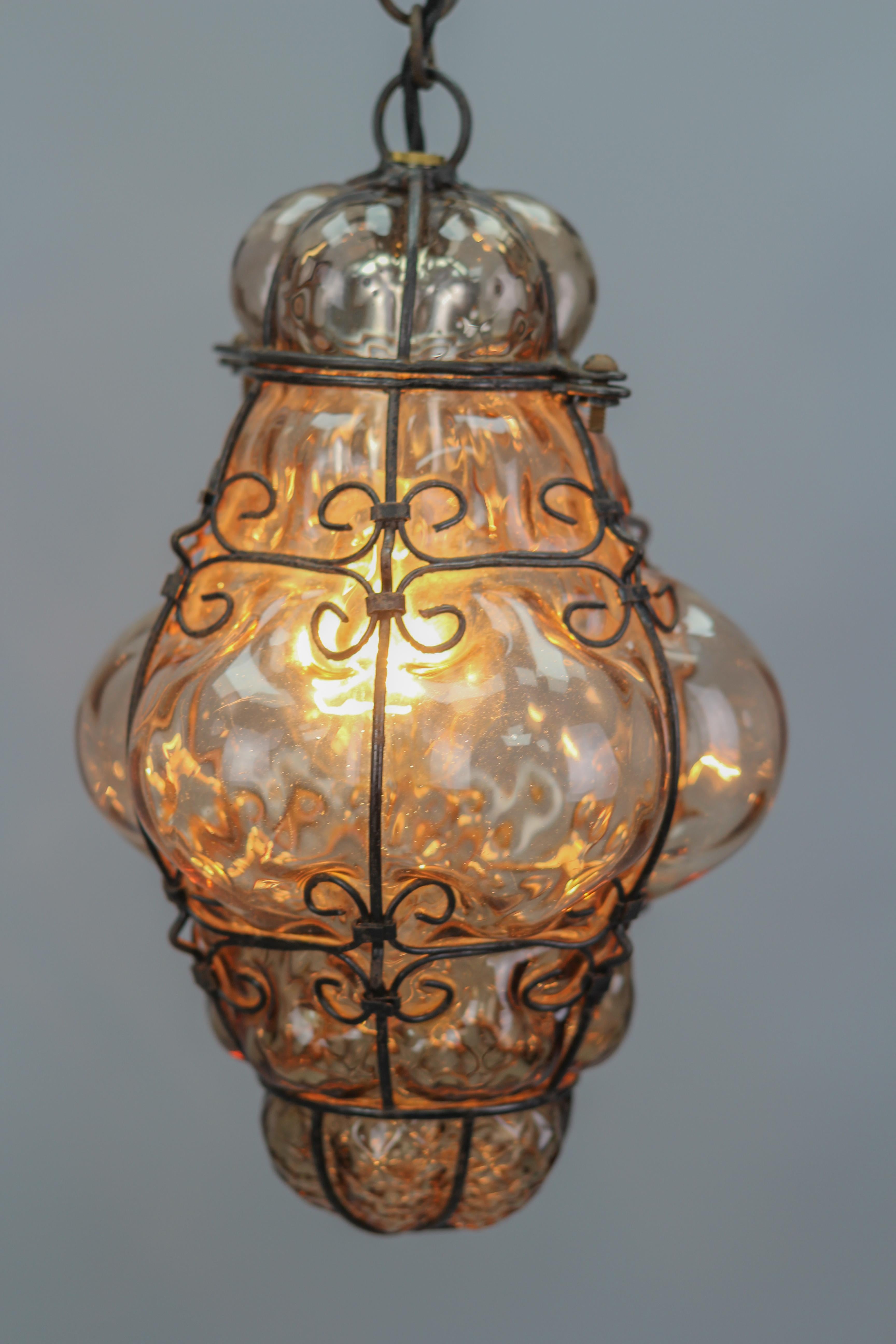 Italian Venetian Amber Smoke Coloured Clear Murano Glass Caged Lantern For Sale 1
