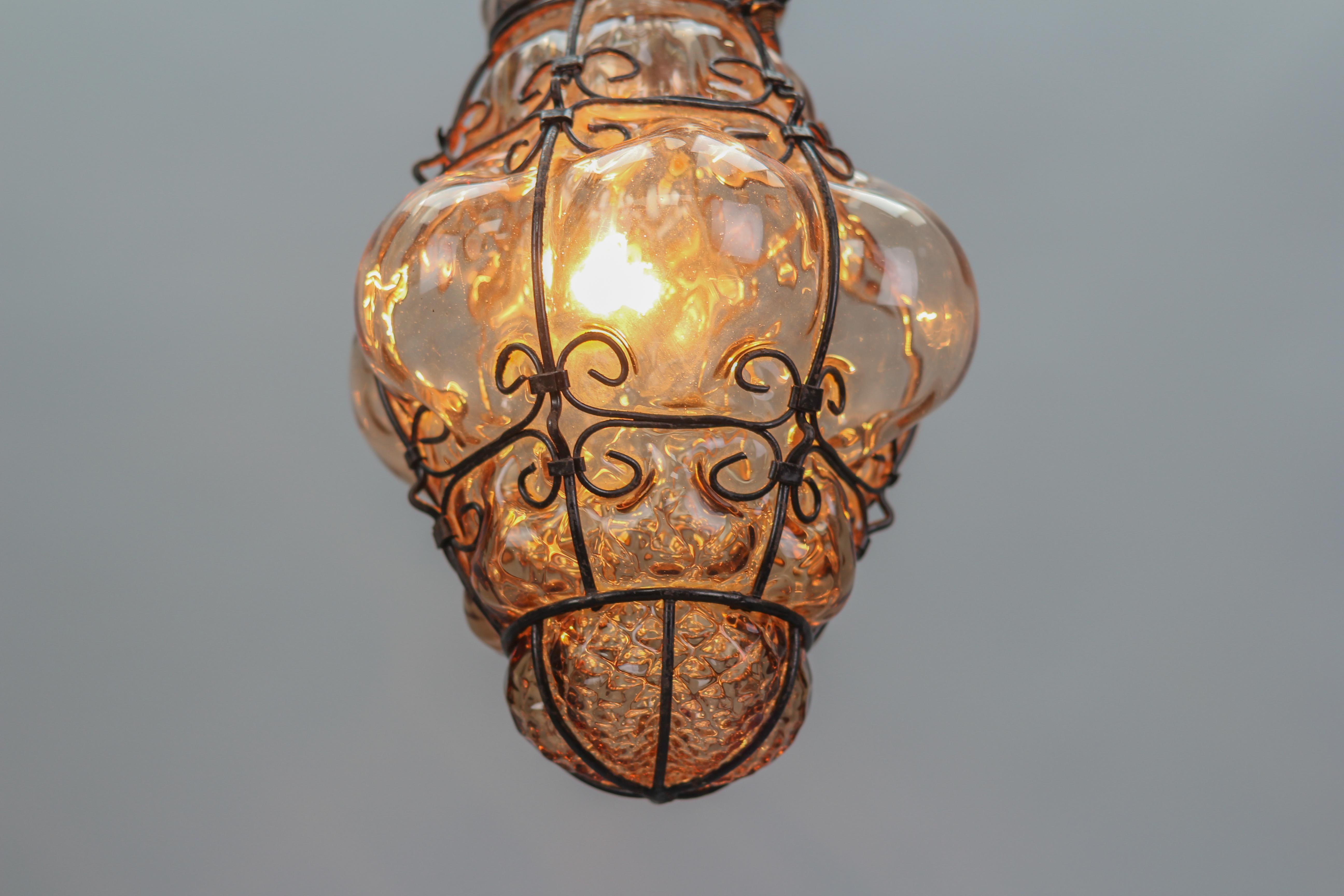 Italian Venetian Amber Smoke Coloured Clear Murano Glass Caged Lantern For Sale 2