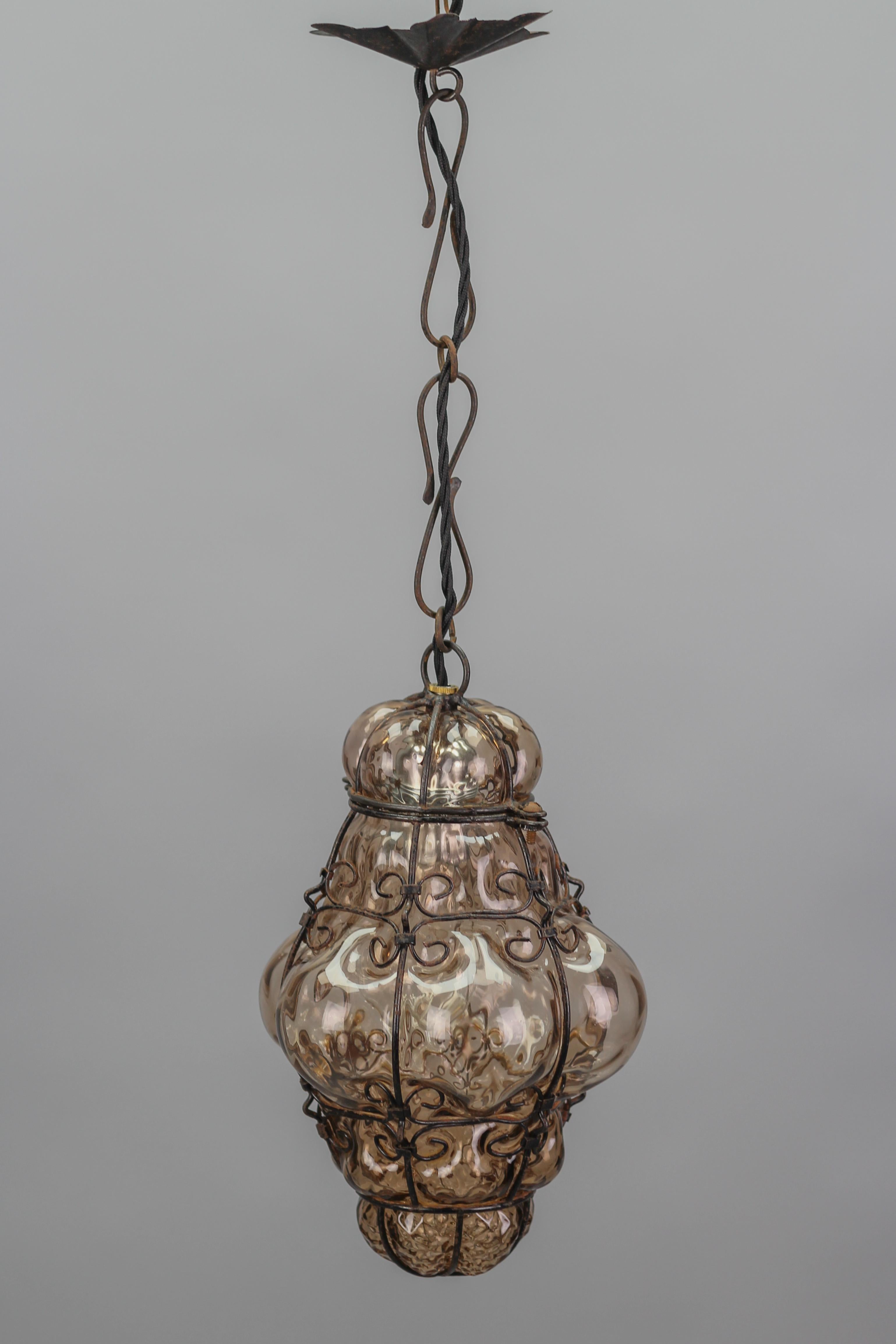 Italian Venetian Amber Smoke Coloured Clear Murano Glass Caged Lantern For Sale 3