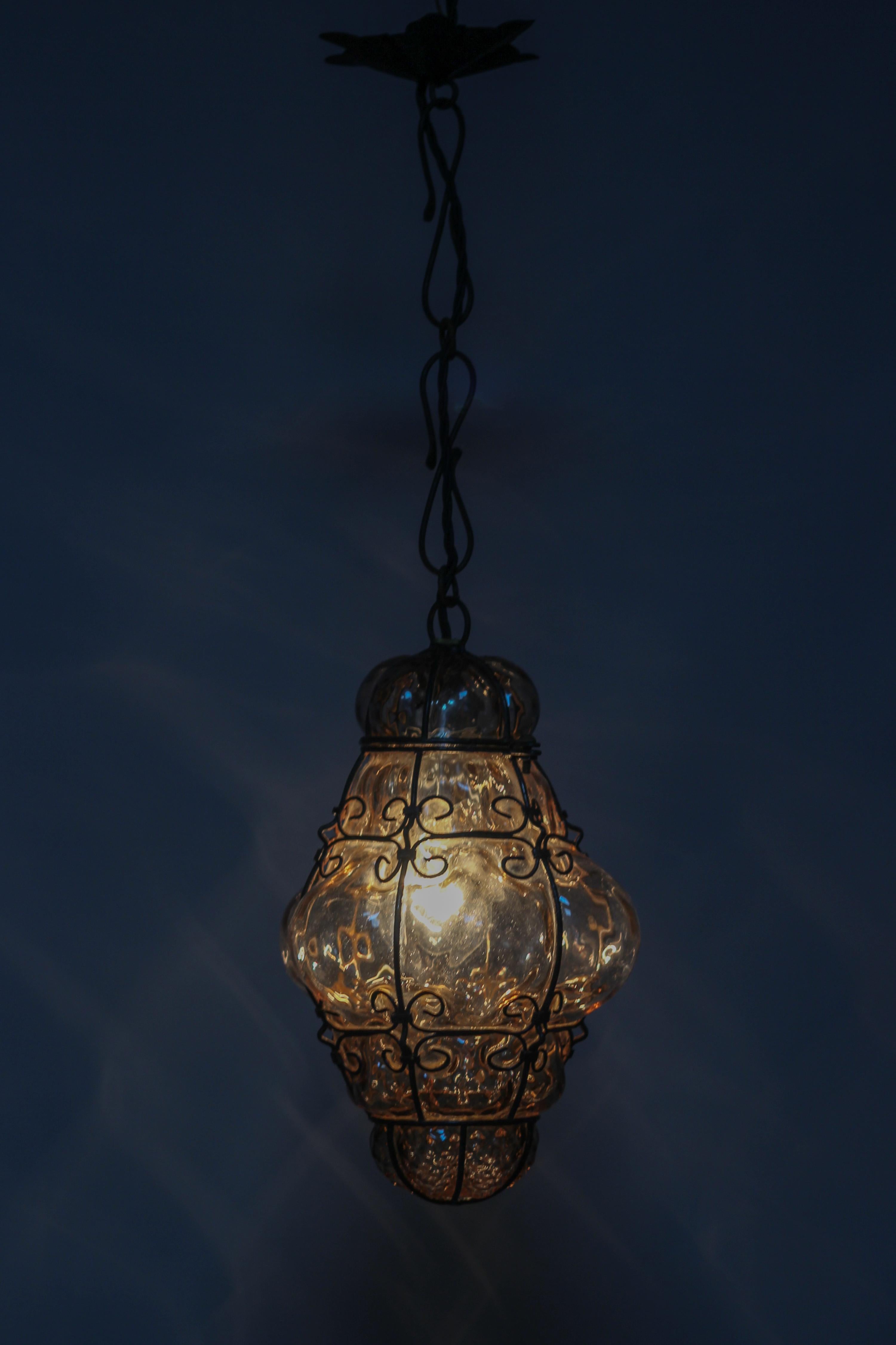 Italian Venetian Amber Smoke Coloured Clear Murano Glass Caged Lantern For Sale 4