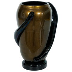 Italian Art Deco Vase Black and Gold 24K in Blown Murano Glass, 1980s