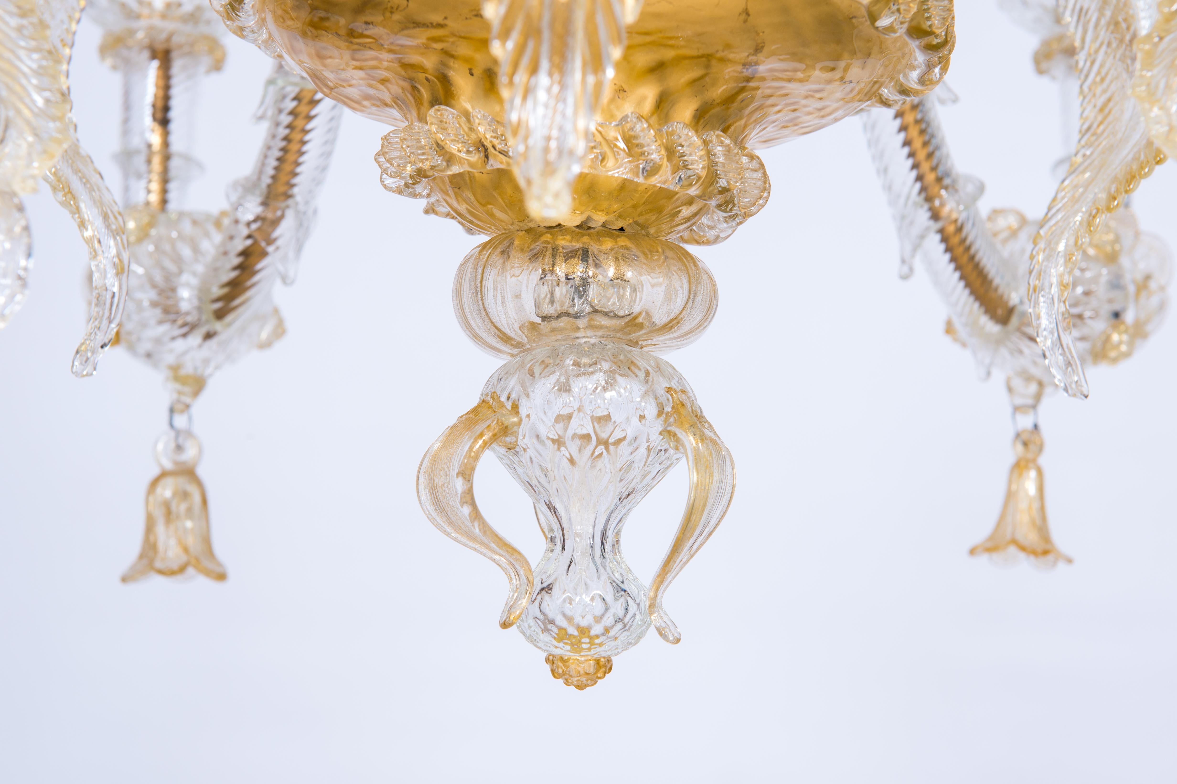 Italian Venetian, Ca' Rezzonico Chandelier, in Blown Murano Glass, Gold, 1950s 5