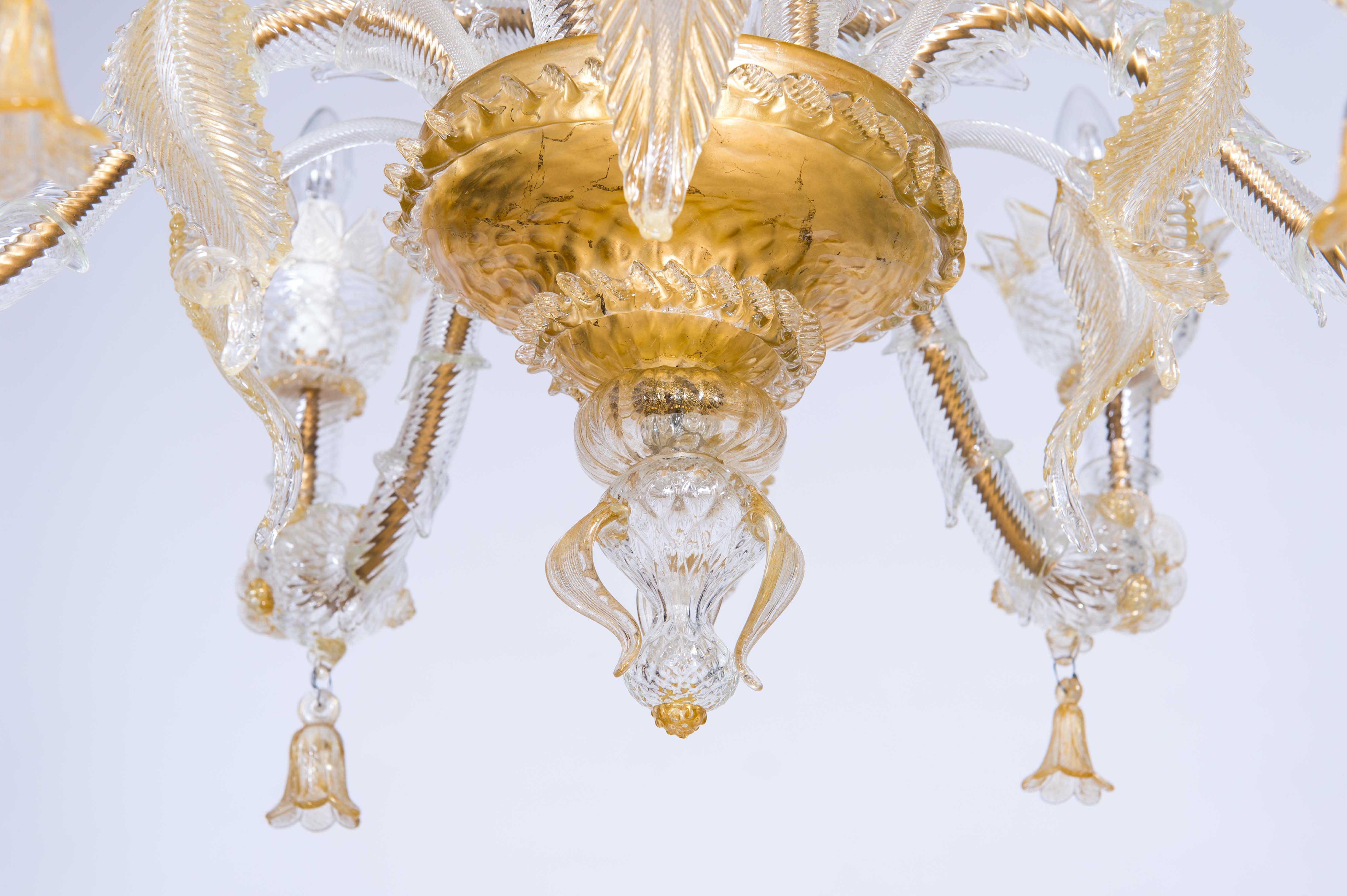 Italian Venetian, Ca' Rezzonico Chandelier, in Blown Murano Glass, Gold, 1950s 6
