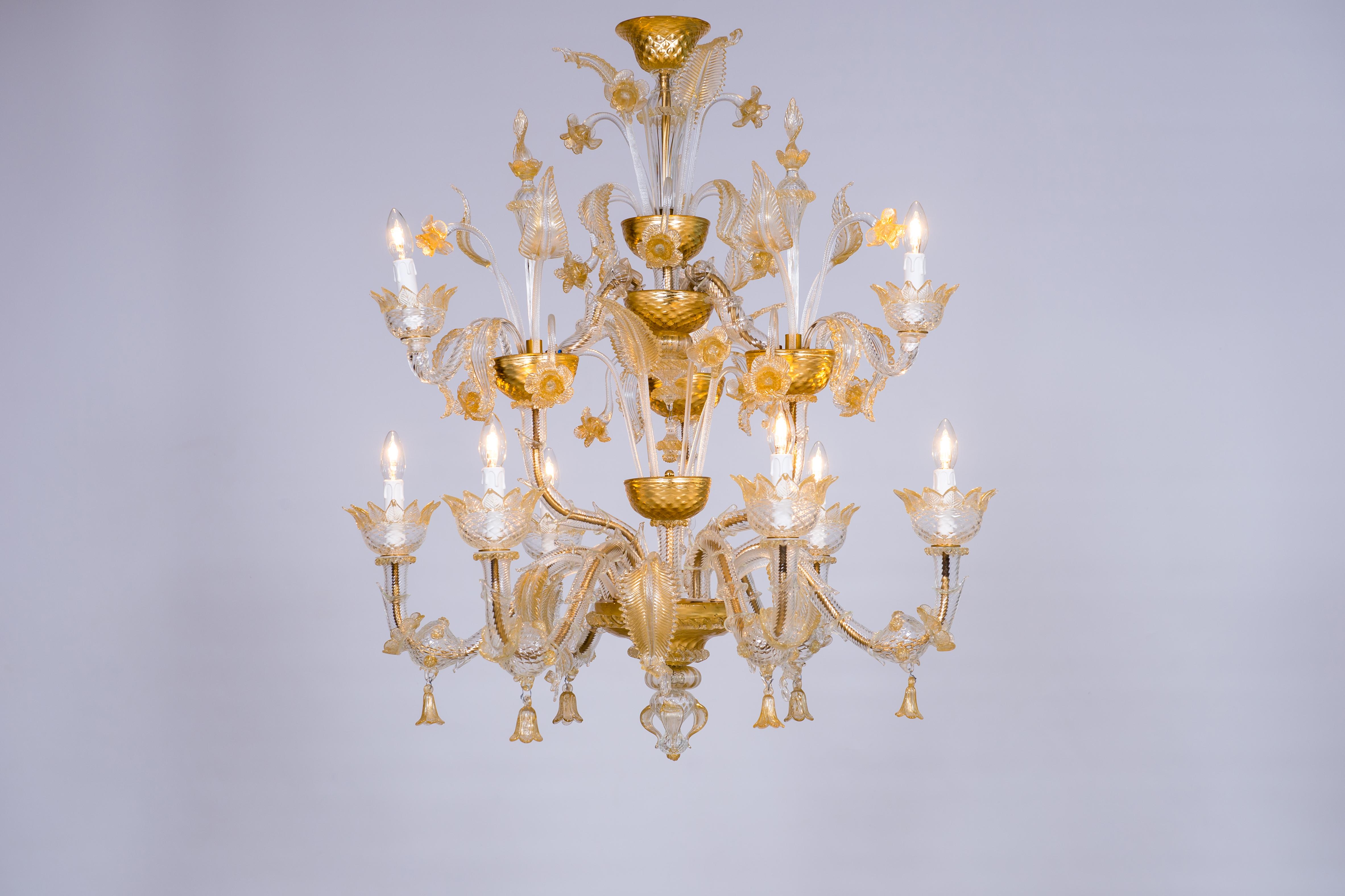 Italian Venetian, Ca' Rezzonico Chandelier, in Blown Murano Glass, Gold, 1950s 9