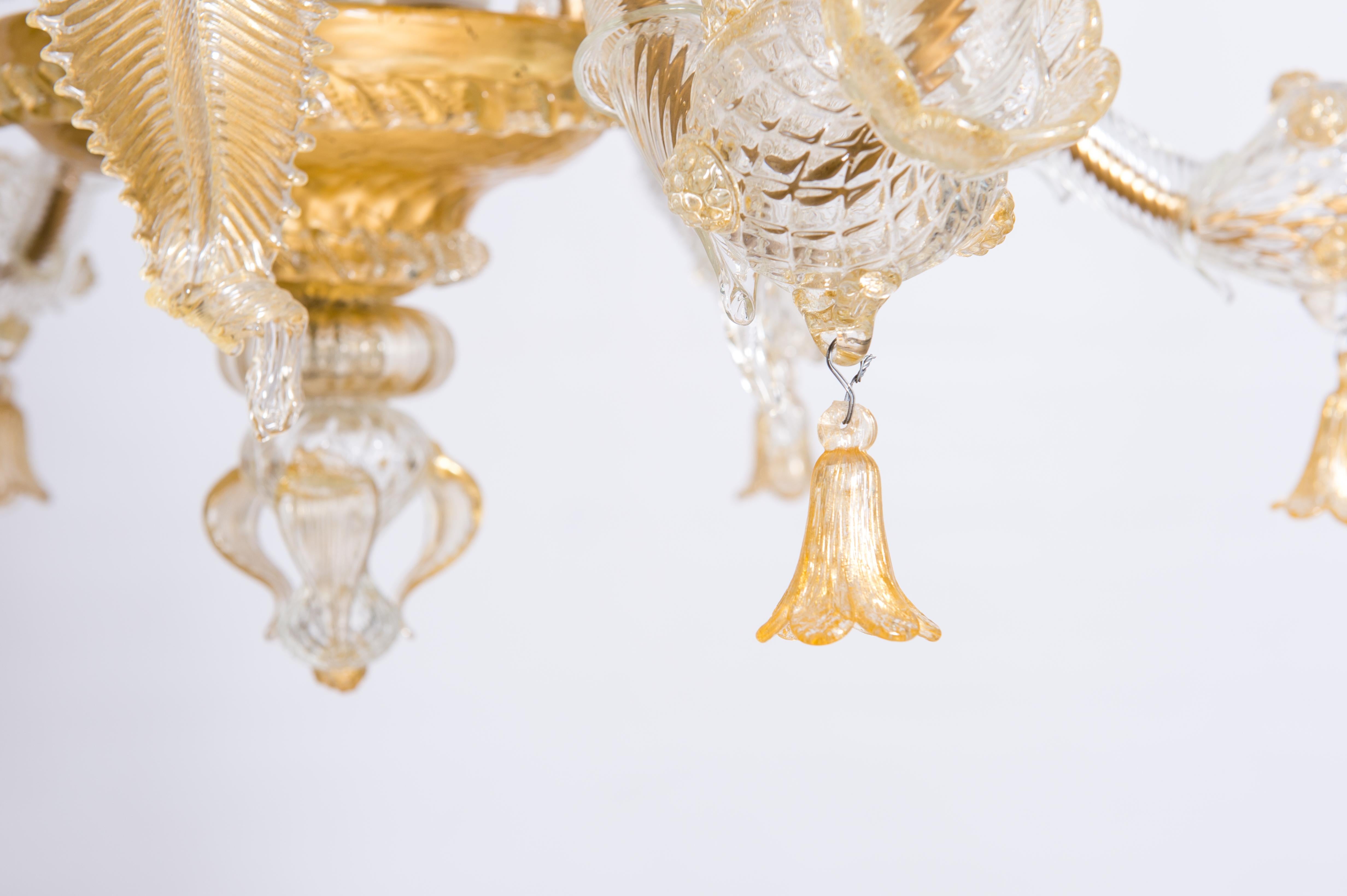 Neoclassical Italian Venetian, Ca' Rezzonico Chandelier, in Blown Murano Glass, Gold, 1950s
