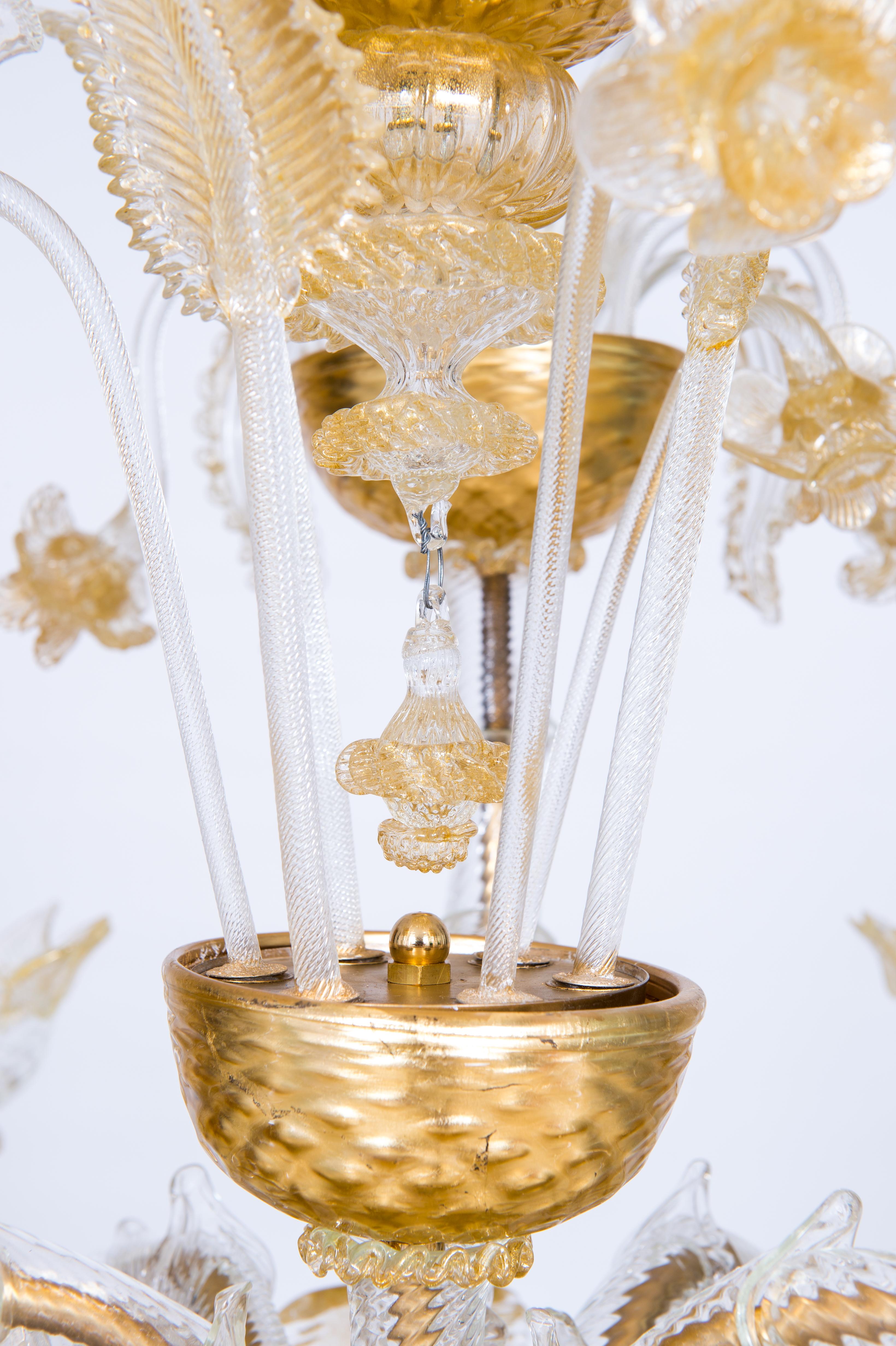 Mid-20th Century Italian Venetian, Ca' Rezzonico Chandelier, in Blown Murano Glass, Gold, 1950s