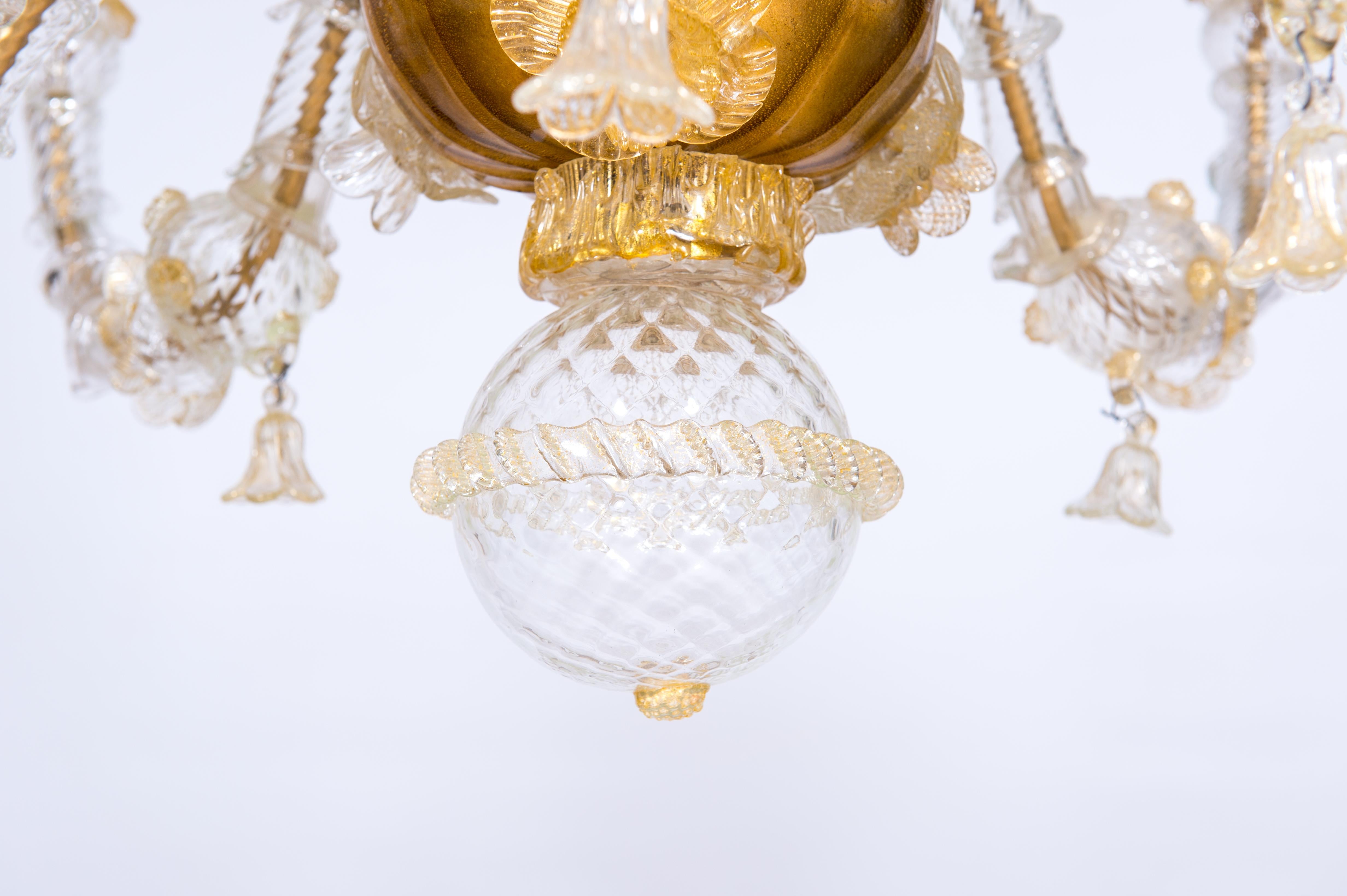 Italian Venetian Ca' Rezzonico Gondola Chandelier, Blown Murano Glass, 24-K Gold In Excellent Condition In Villaverla, IT