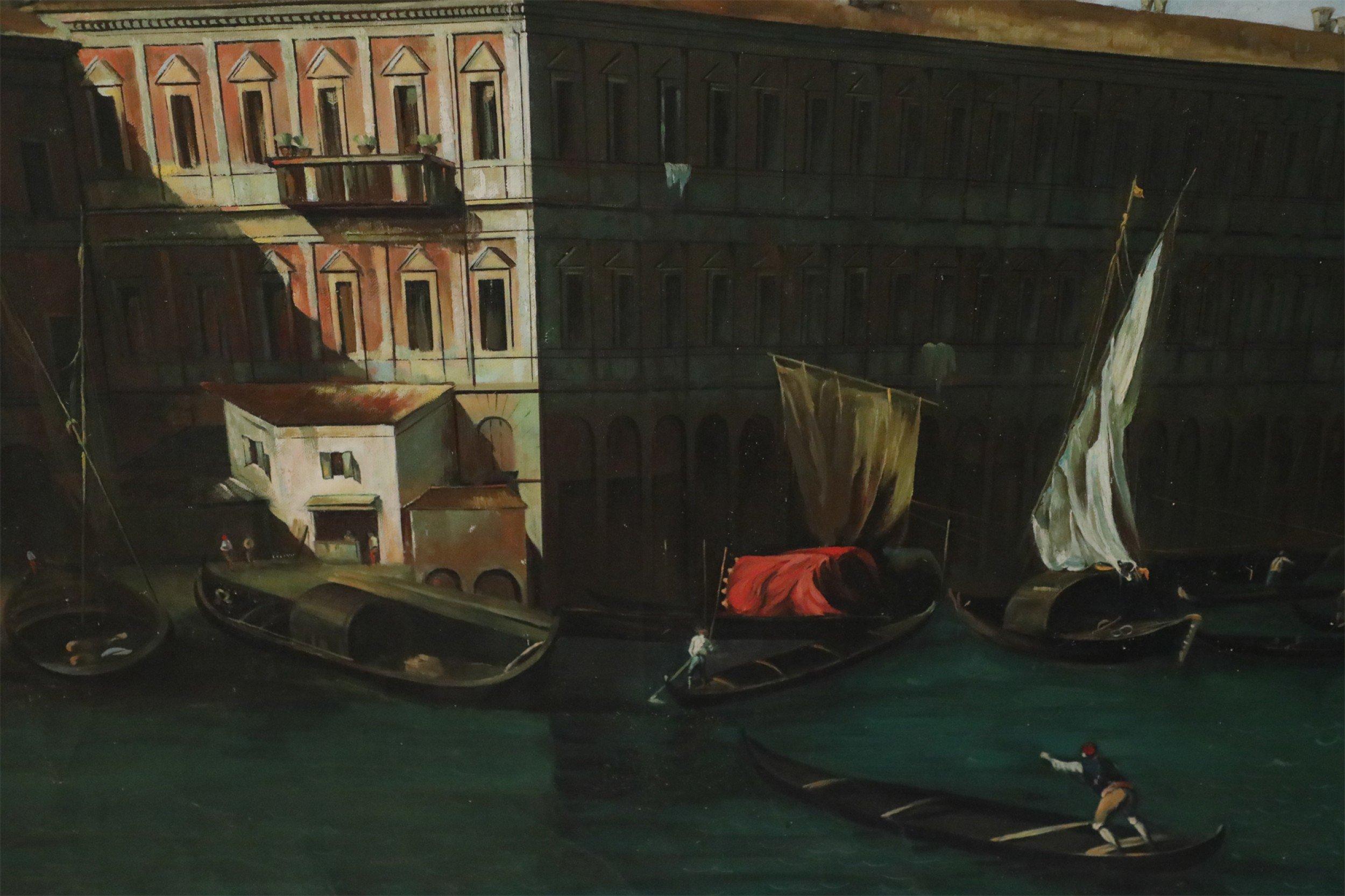 20th Century Italian Venetian Canal and Town Oil Painting on Canvas For Sale
