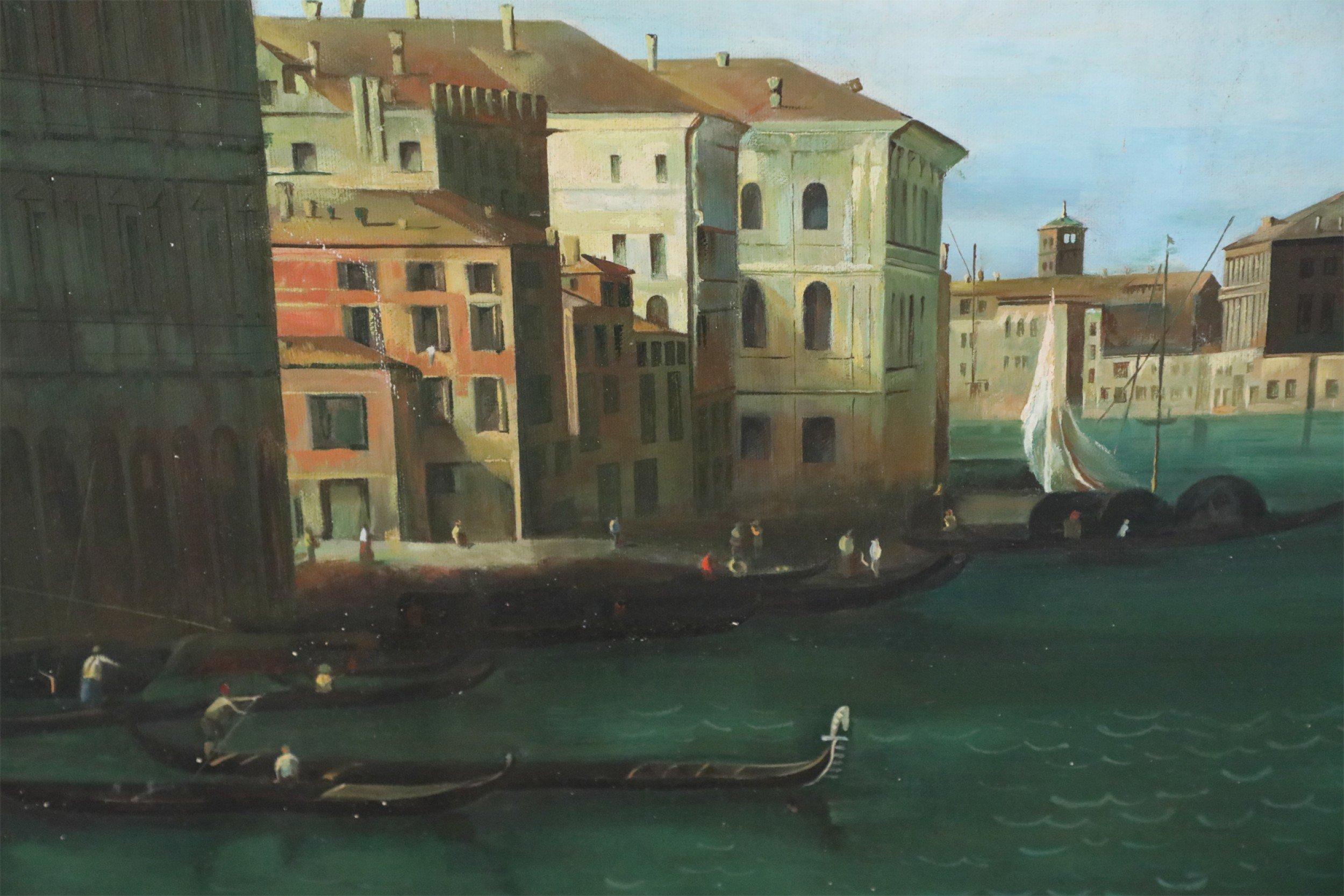 Italian Venetian Canal and Town Oil Painting on Canvas For Sale 3