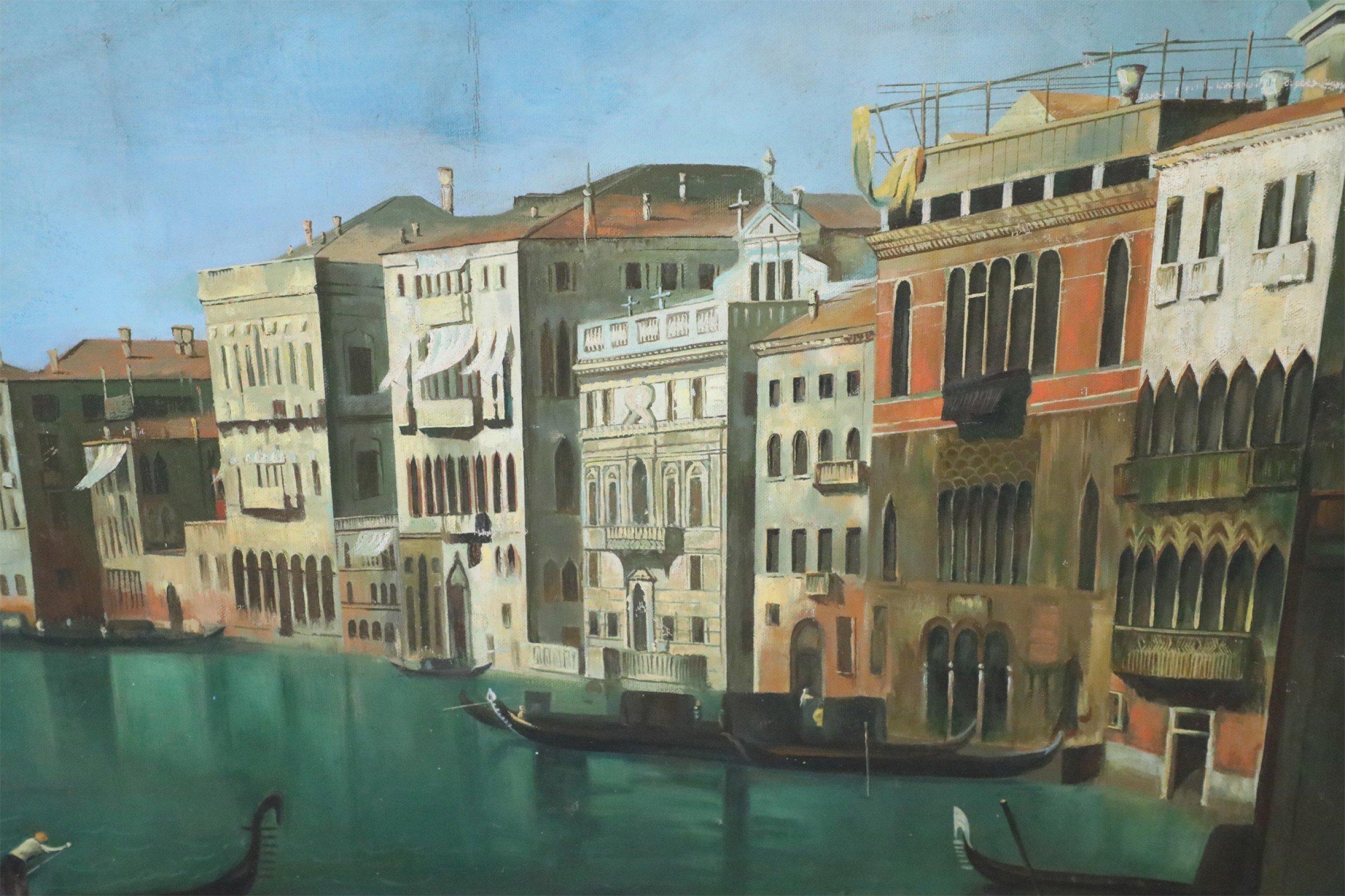 Italian Venetian Canal and Town Oil Painting on Canvas For Sale 4