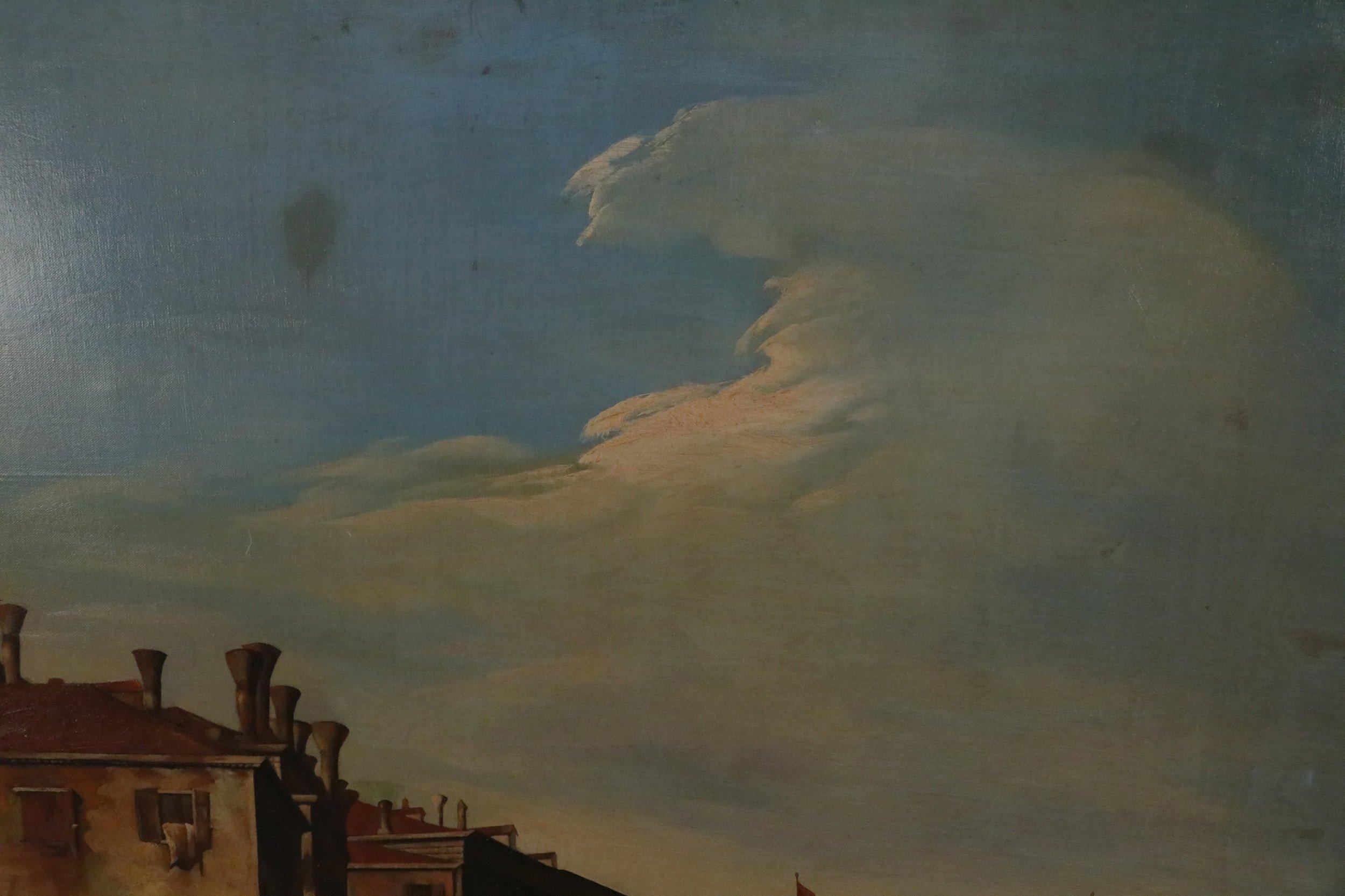 Pittura su tela con l'ora d'oro del canale e del villaggio veneziano italiano in vendita 3