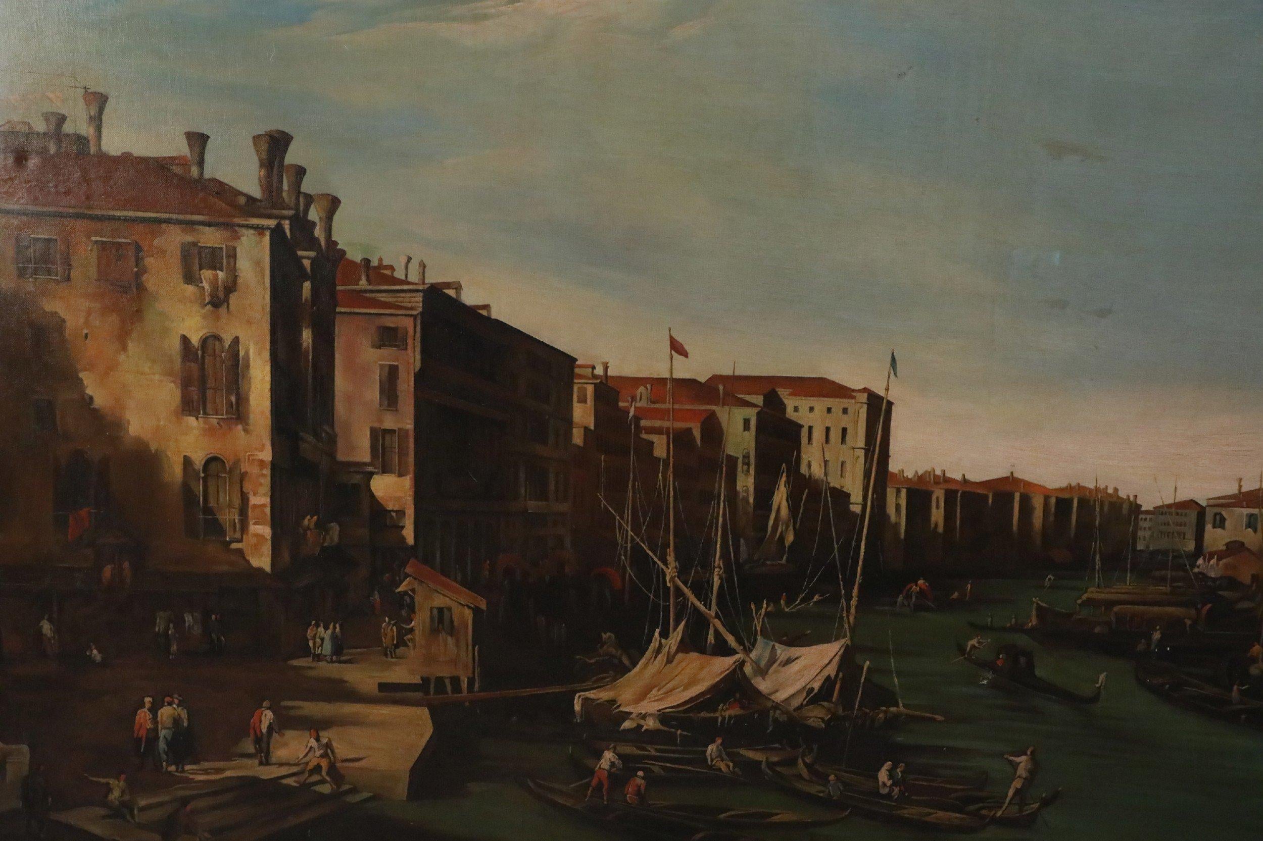 Dipinto a mano Pittura su tela con l'ora d'oro del canale e del villaggio veneziano italiano in vendita