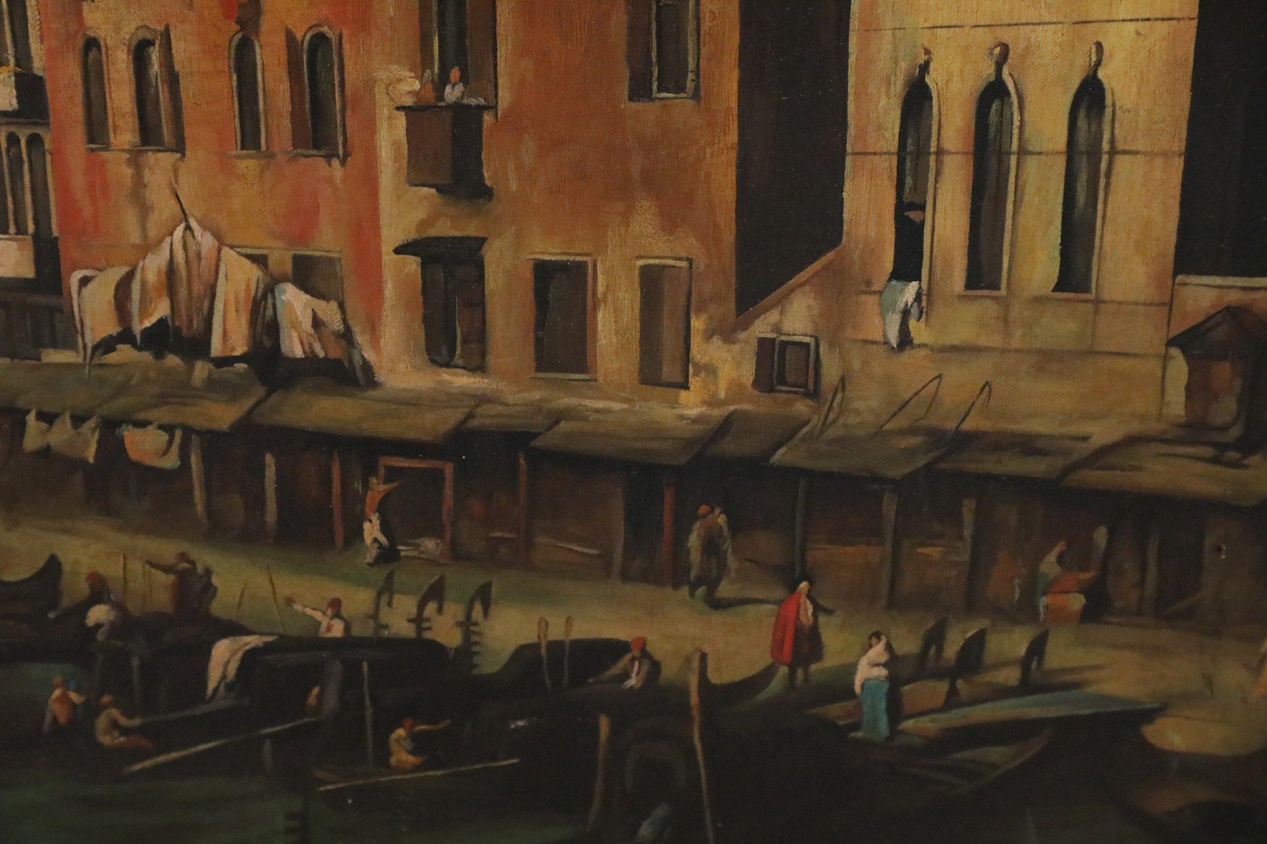 XX secolo Pittura su tela con l'ora d'oro del canale e del villaggio veneziano italiano in vendita