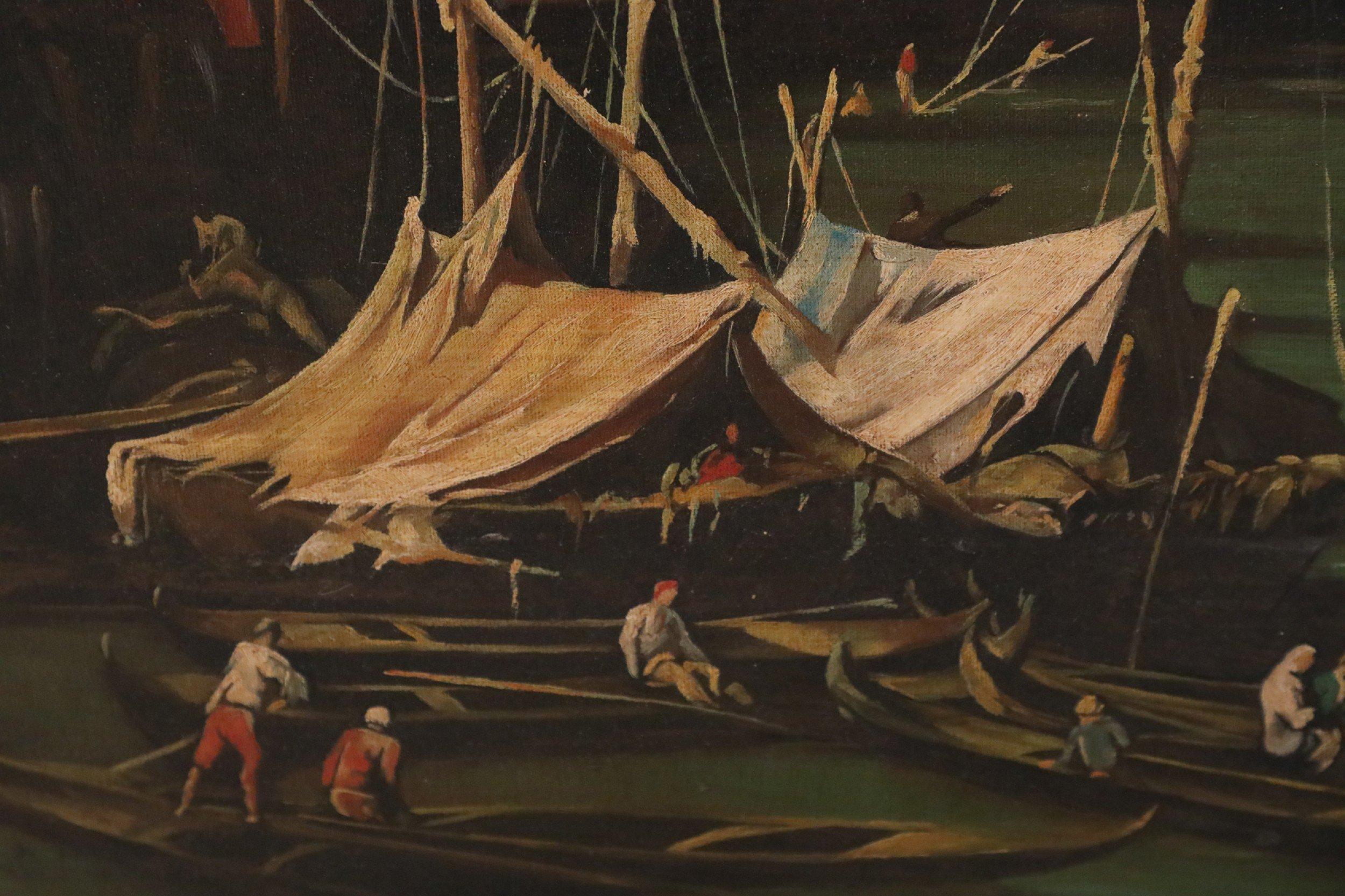 Pittura su tela con l'ora d'oro del canale e del villaggio veneziano italiano in vendita 1