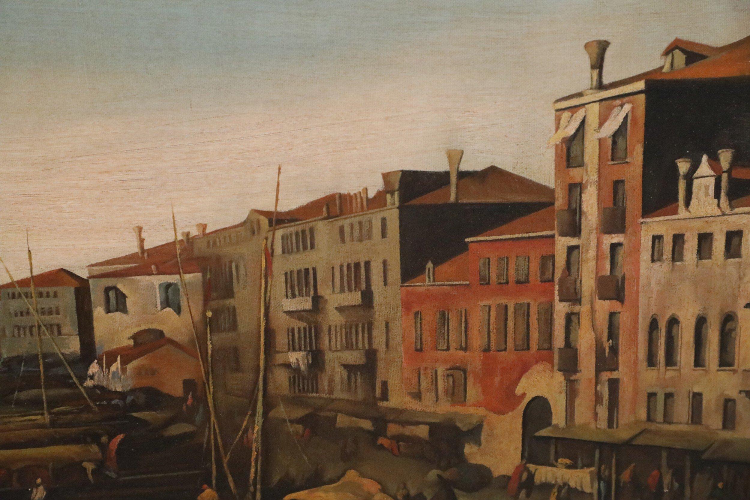 Pittura su tela con l'ora d'oro del canale e del villaggio veneziano italiano in vendita 2