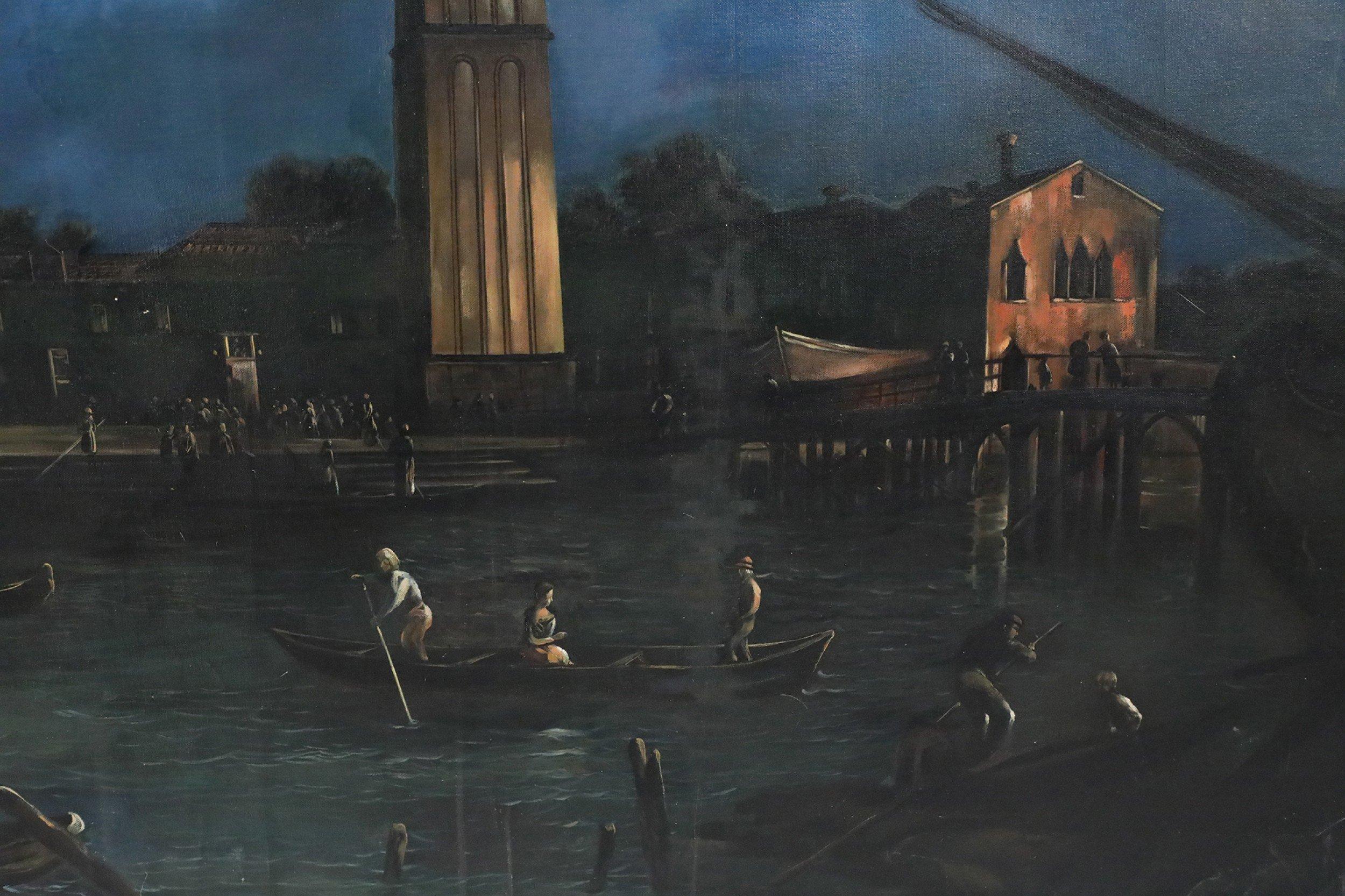 Italian Venetian Canals at Dusk Oil Painting on Canvas In Good Condition For Sale In New York, NY