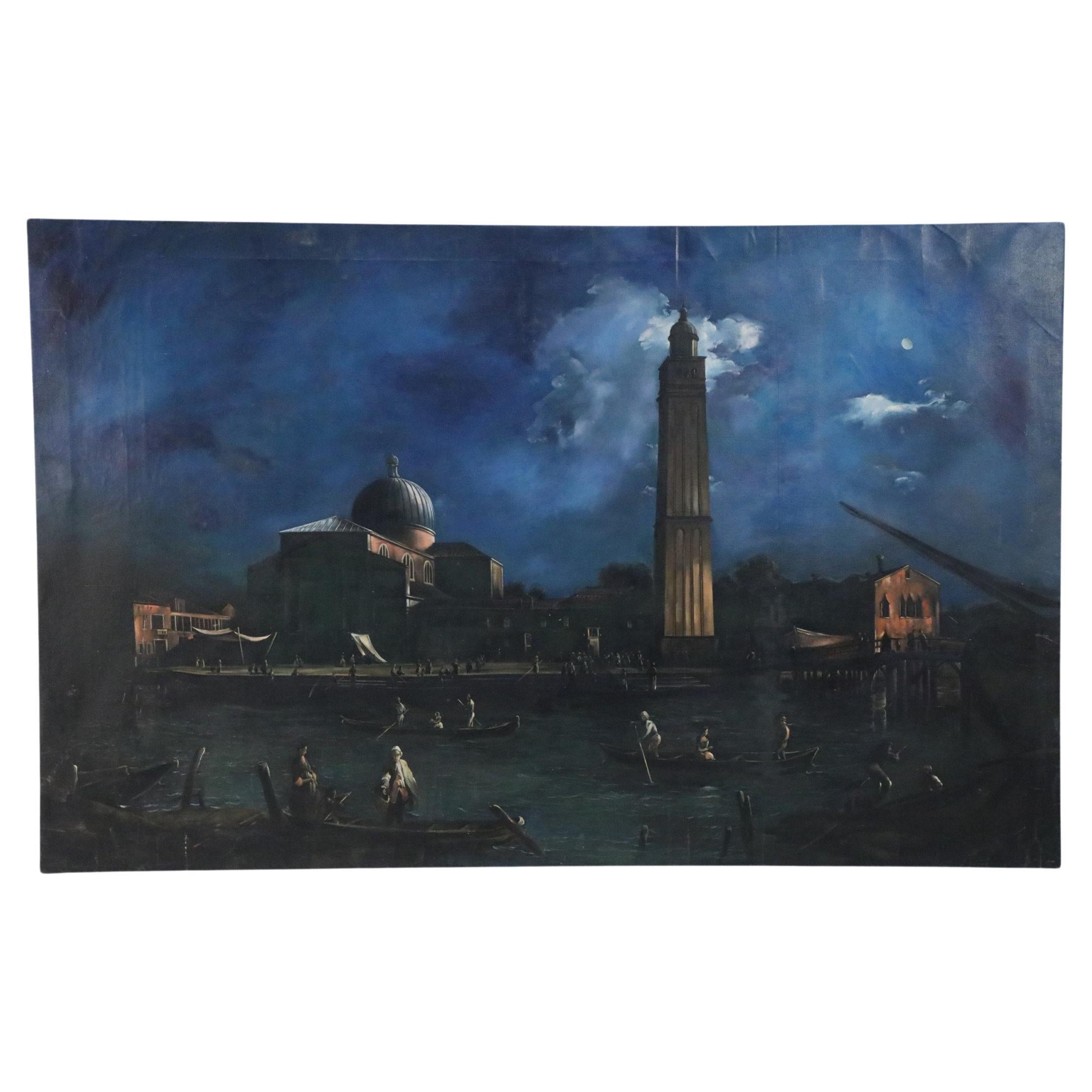 Peinture à l'huile sur toile italienne - Canals vénitiens au crépuscule