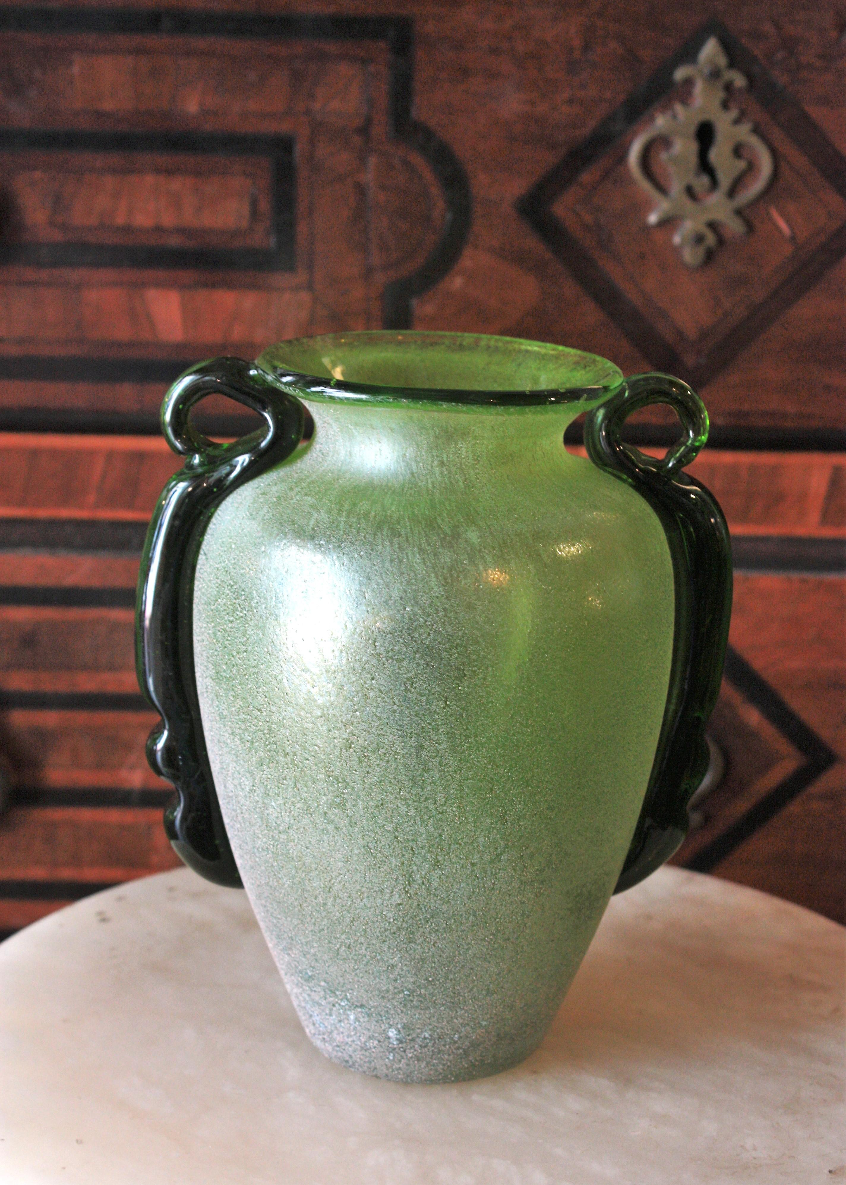 Italian Venetian Carlo Moretti Green Murano Scavo Art Glass Vase, 1960s For Sale 5