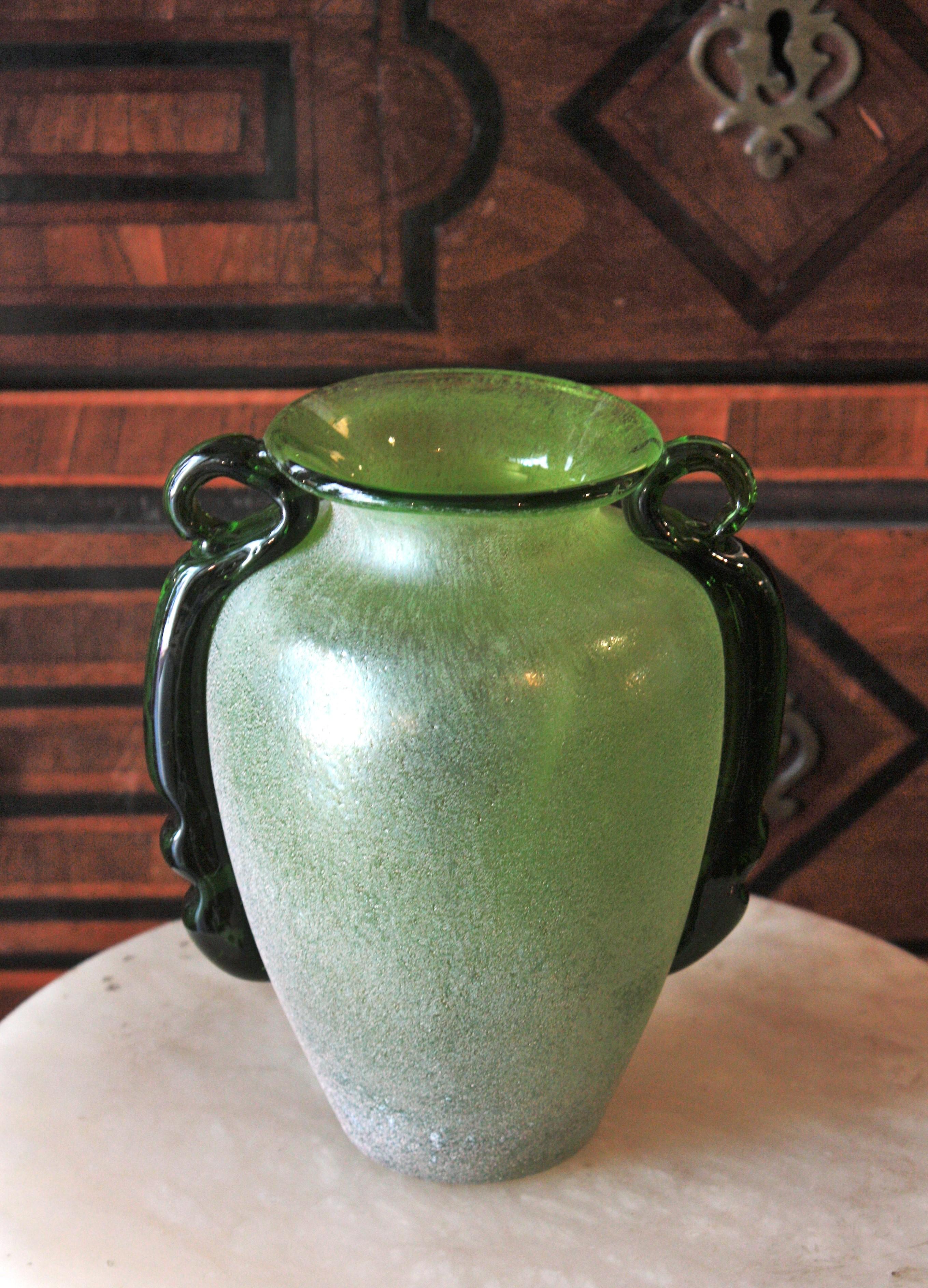 Italian Venetian Carlo Moretti Green Murano Scavo Art Glass Vase, 1960s For Sale 6
